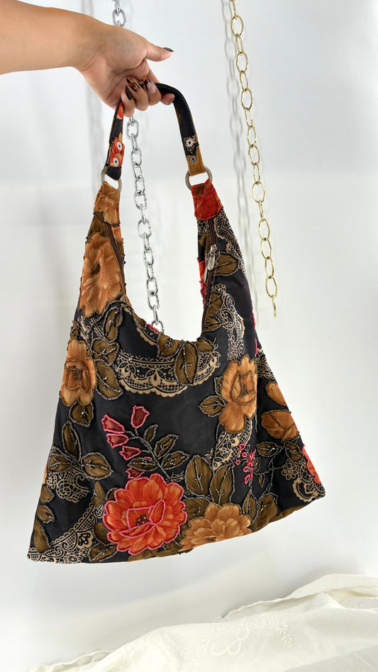 Vintage Brown Floral Paisley Beaded Hobo Shoulder Bag