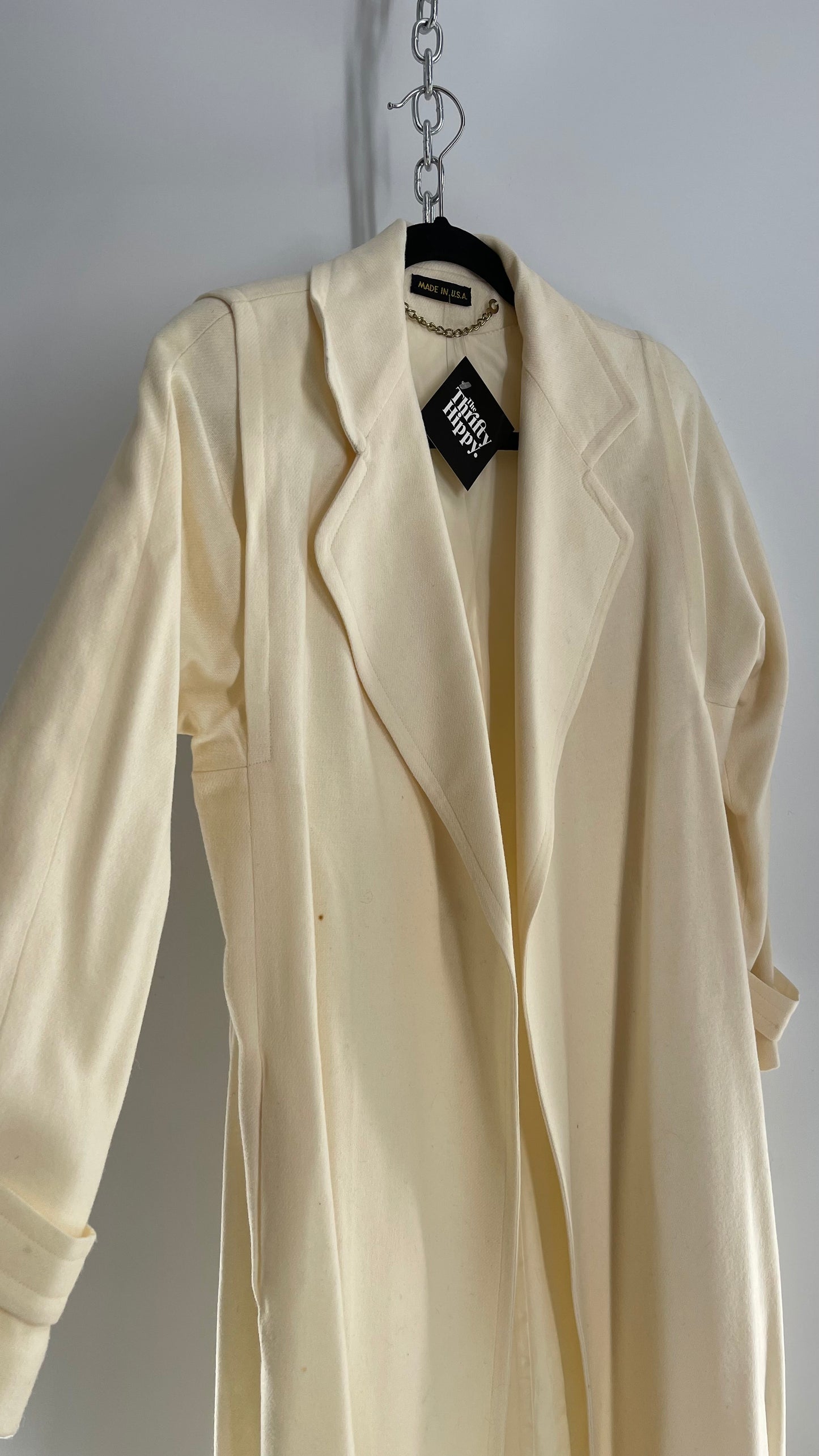 Vintage Sara Roberts Cream Ivory 100% Pure Wool Trench Duster Coat (Small)