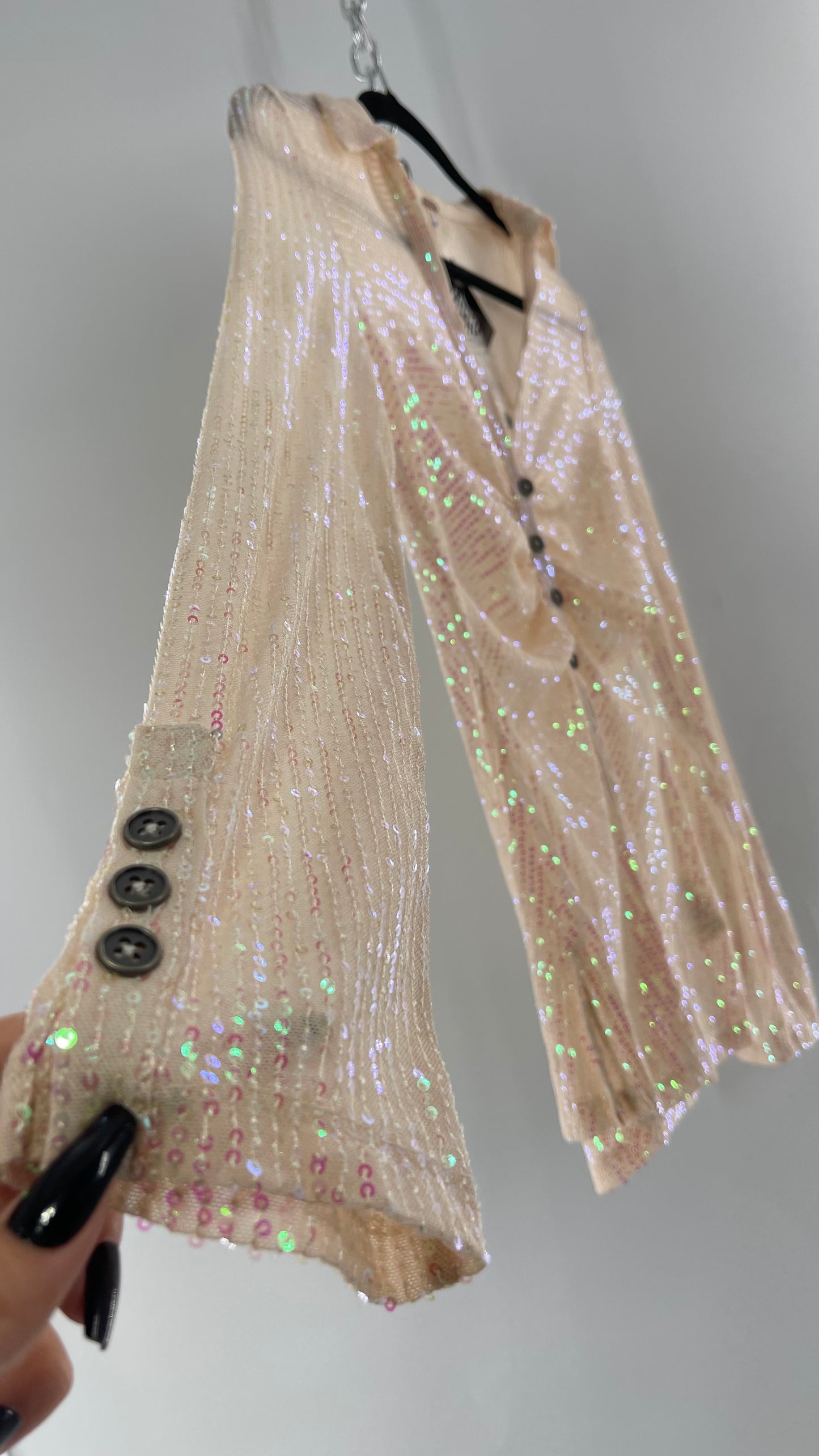 Free People Iridescent Sequined Button Front Ruched Bust Blouse with Tags Attached (Small)