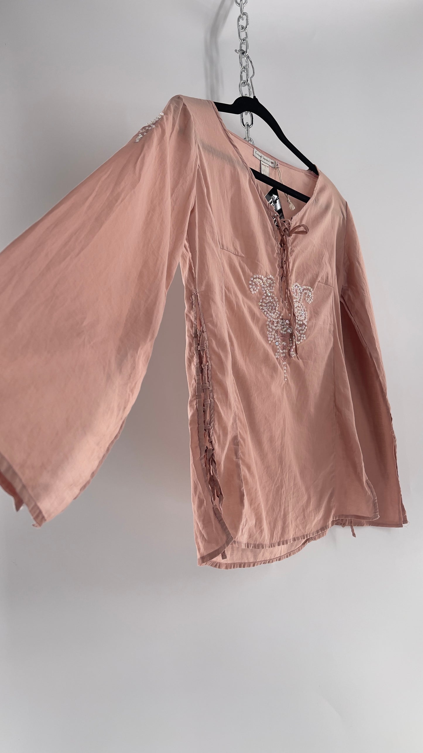 Vintage Coronel Tapioca Dusty Pink Tunic with Beaded Designs and Lace Up Sides (Medium)