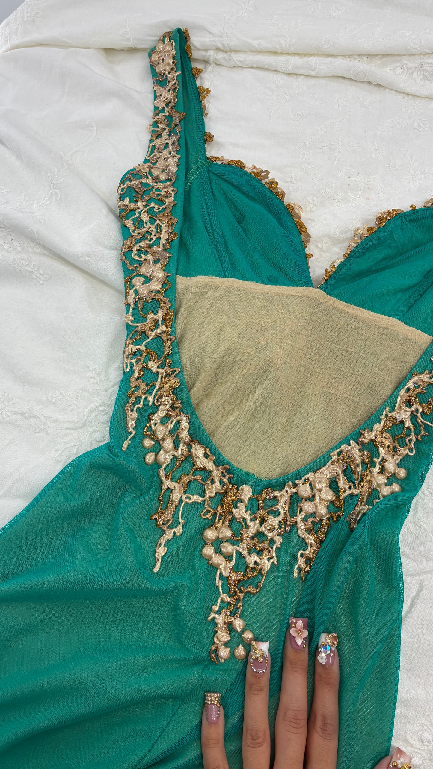 Vintage HOLT Hand Painted Turquoise Mini Dress with Low Open Back (XXS/XS)