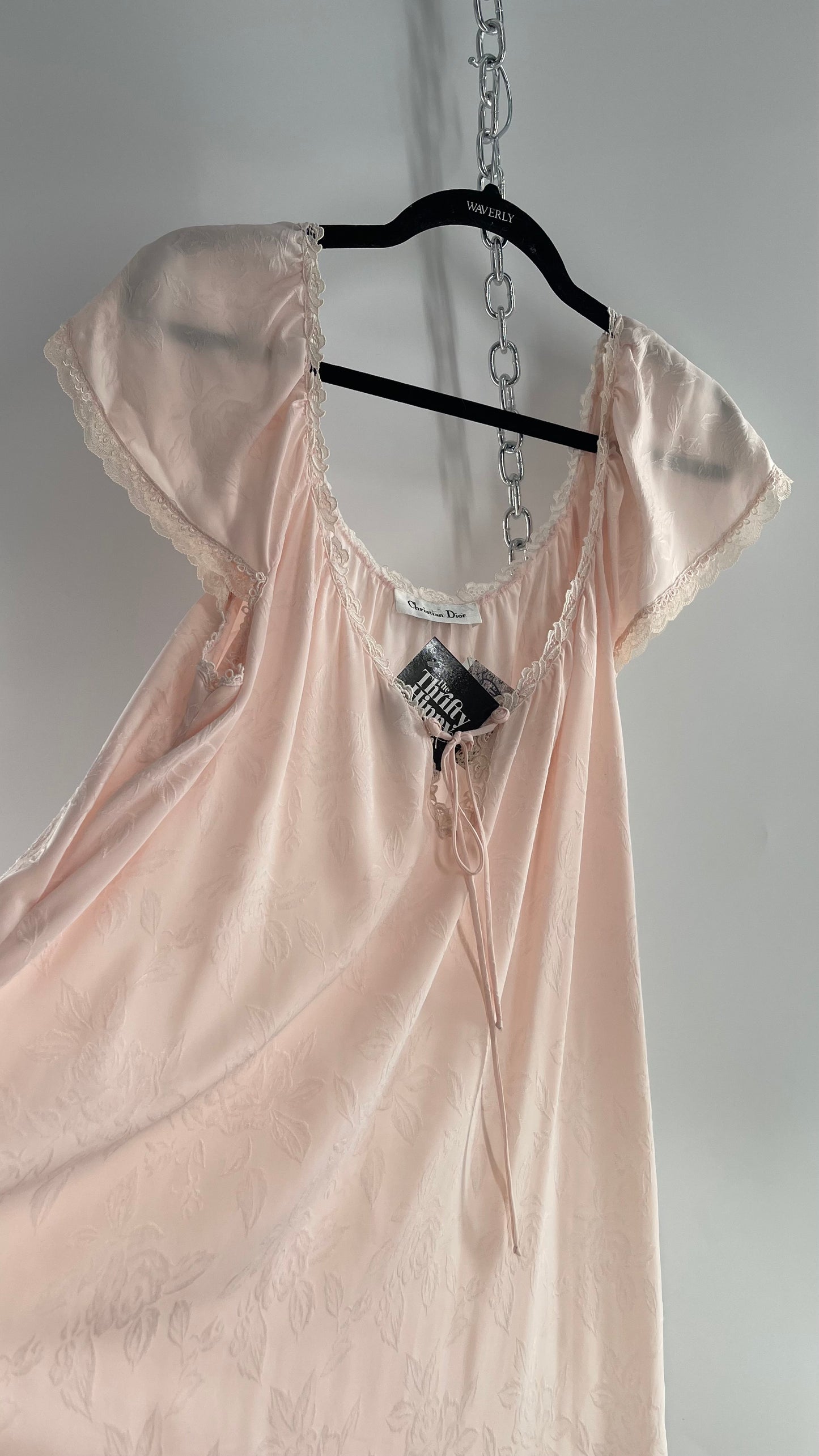 Vintage Christian Dior Pink Night Gown/ Maxi Dress with Floral Embossed Design, Lace Trim and Rosettes (Large)