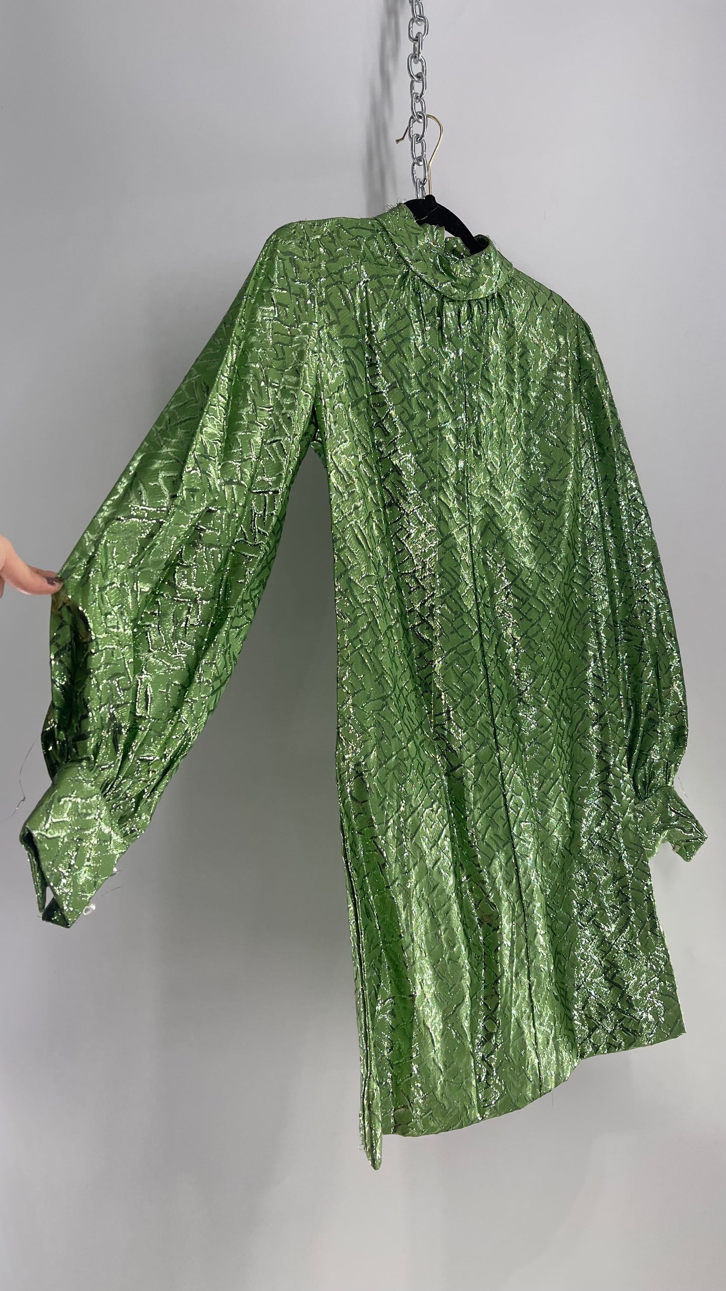 Vintage 1970s Metallic Green Bubble Sleeve, High Neck, Slit Bust and A-Line Form Dress (Small/Medium)