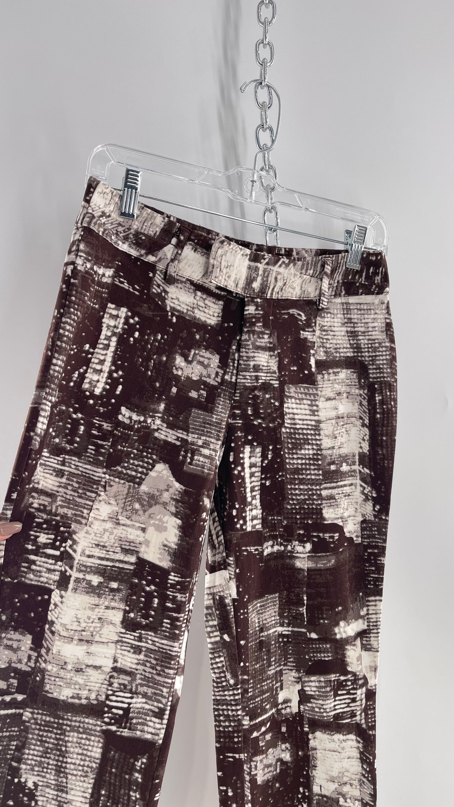 Urban Outfitters Dark Brown and White City Scape Patterned Low Waisted Trouser (2)