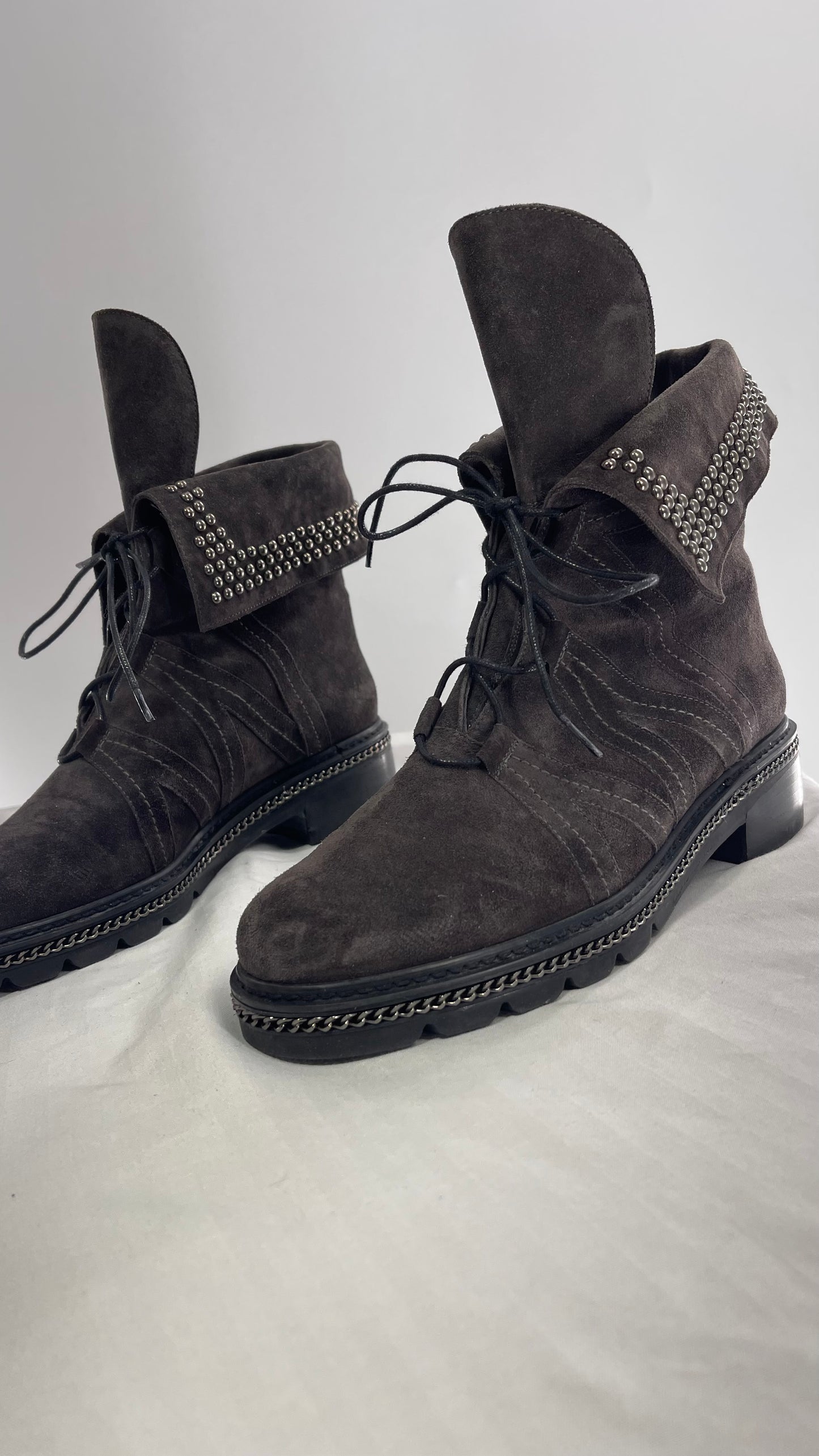 Stuart Weitzman Yadastud Grey Suede Leather Studded, Chainlink Boots (8)