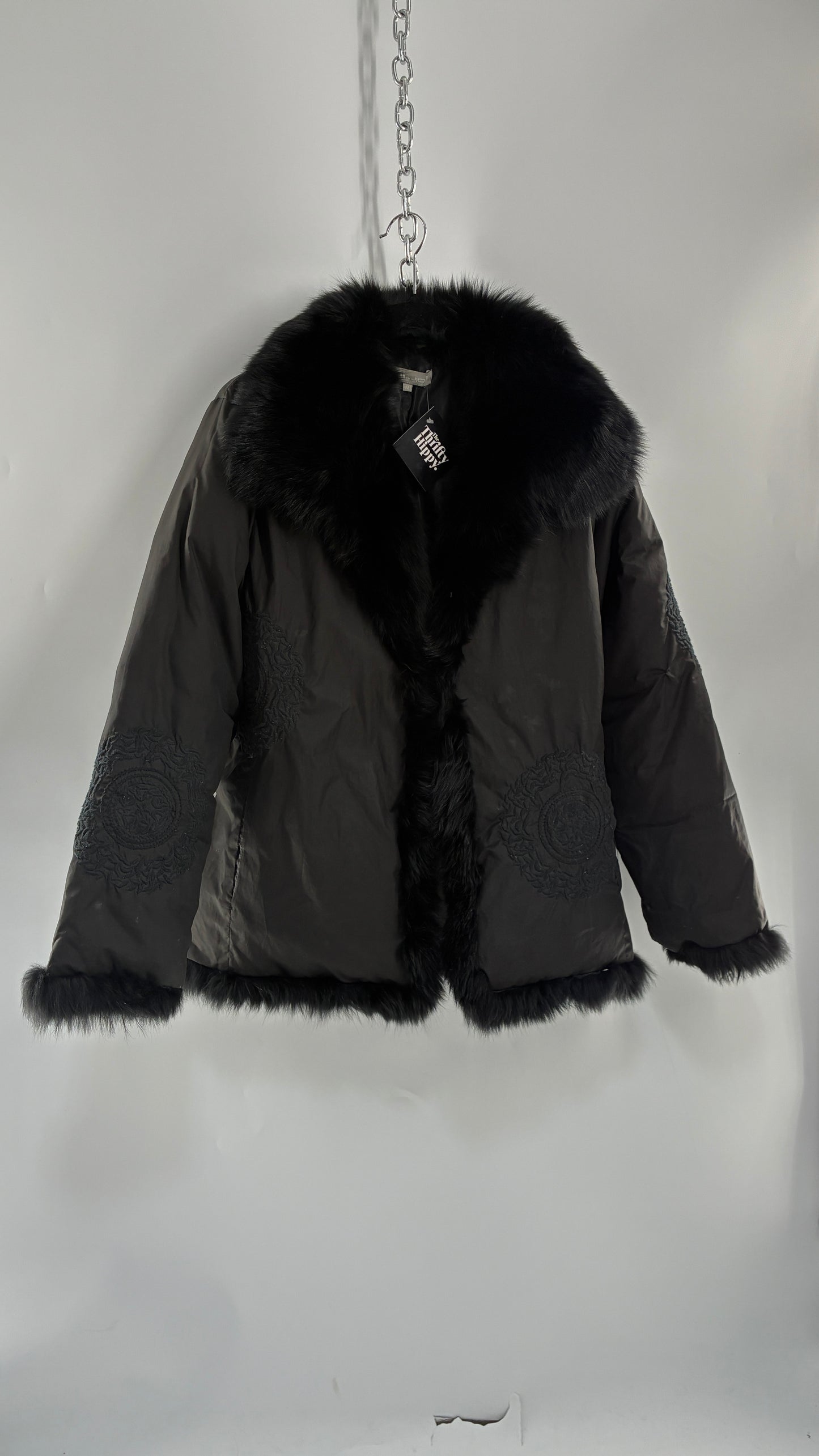 Vintage Gi & JO Black Down and Feather Puffer Jacket with Exaggerated Genuine Rabbit Fur Trim and Mandala Embroidery (Medium)