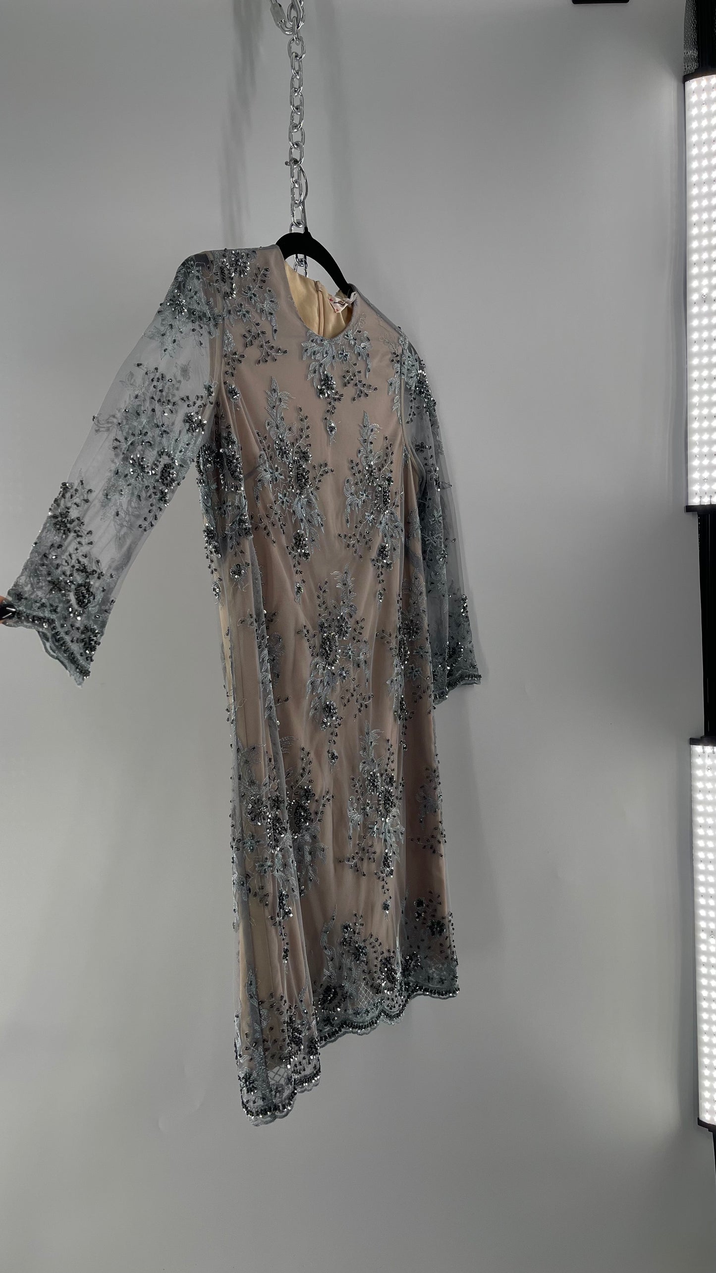 Koravilas Anthropologie Grey Mesh Embroidered Lace Long Sleeve Beaded Dress (4)