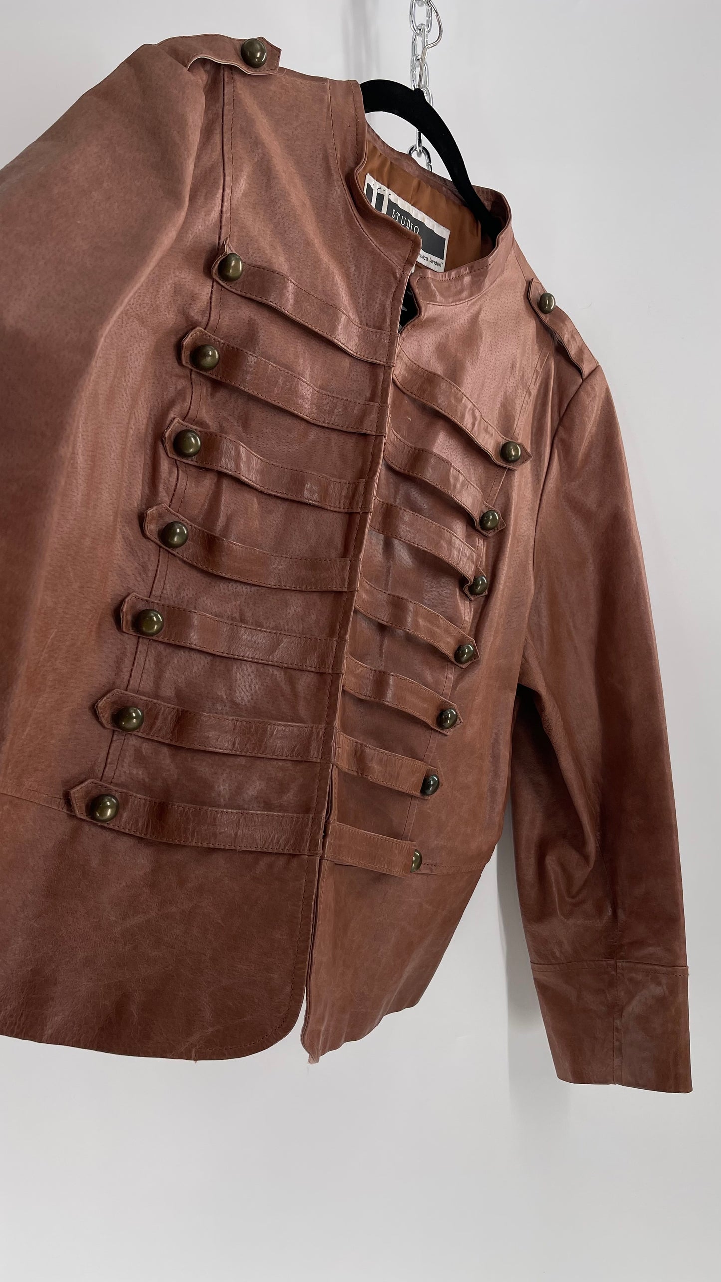 Vintage JL Studio Brown Leather Double Breasted Steampunk Military Drummer Jacket with Brass Toned Buttons (24W)