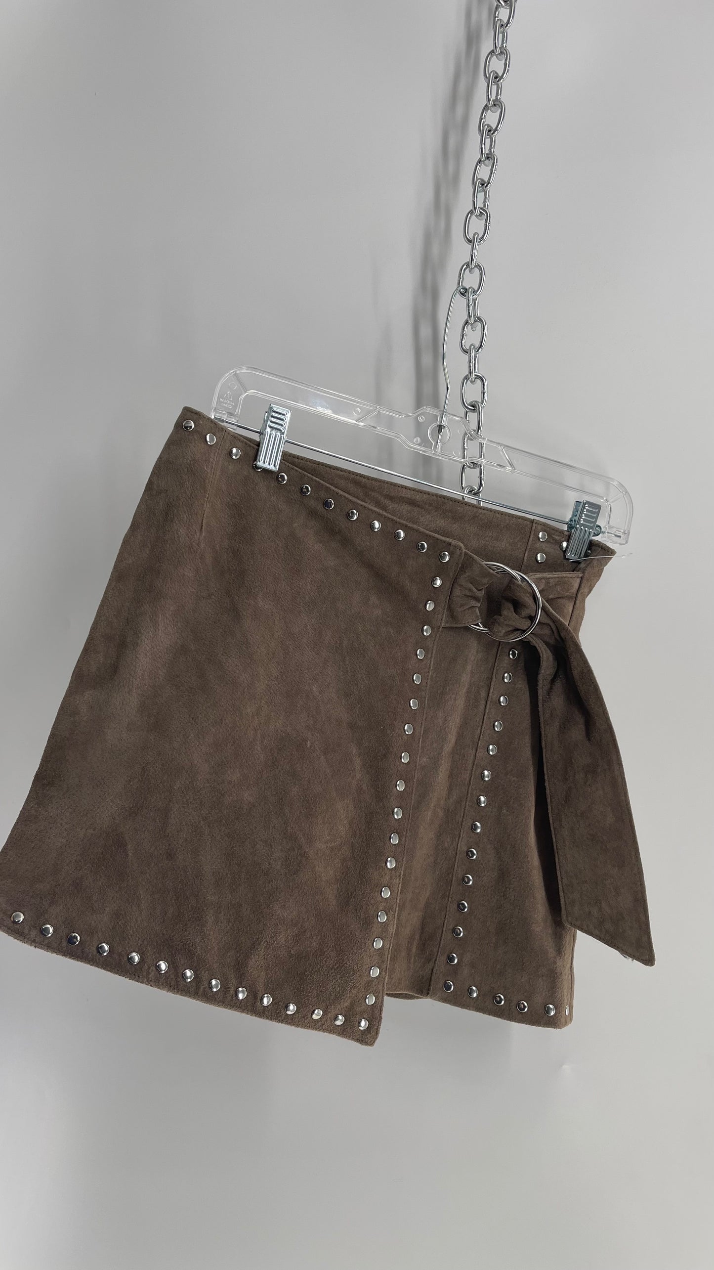 Vintage Studded Taupe Genuine Suede Leather Mini Skirt with Buckle Side Closure (Small)