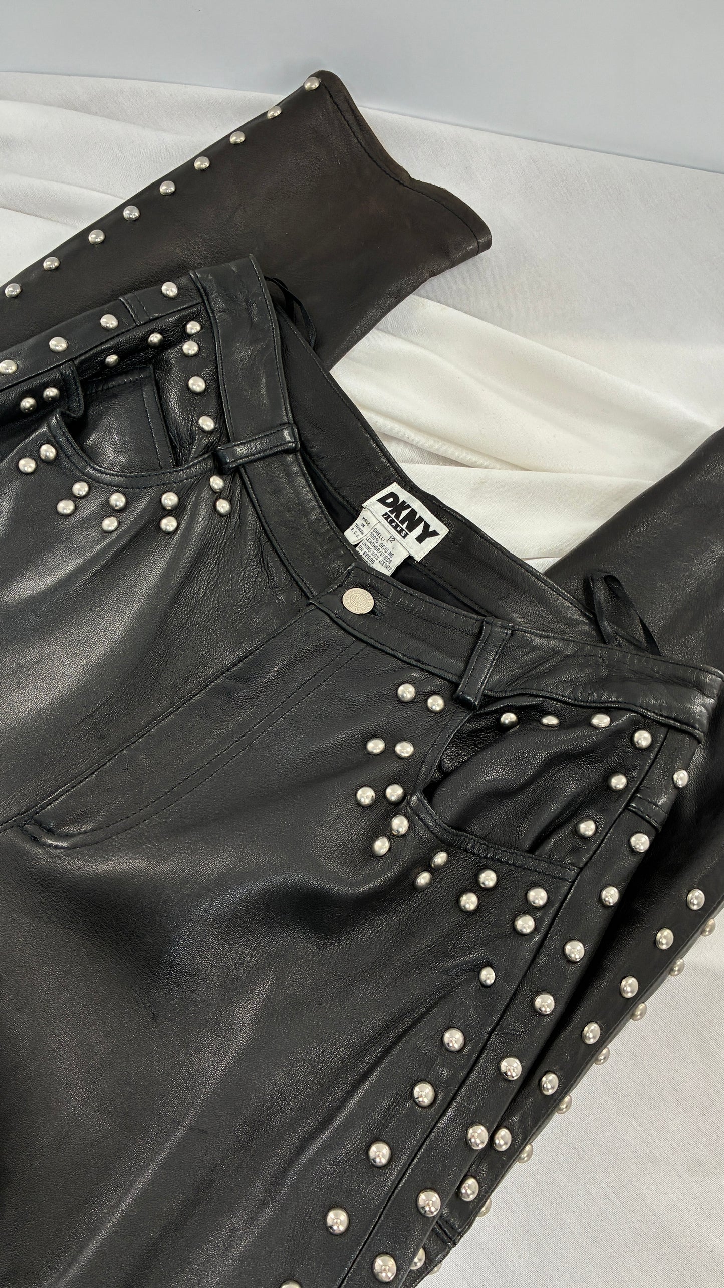 Vintage DKNY Genuine Leather Black Hip to Hem Studded Straight Legs (12)