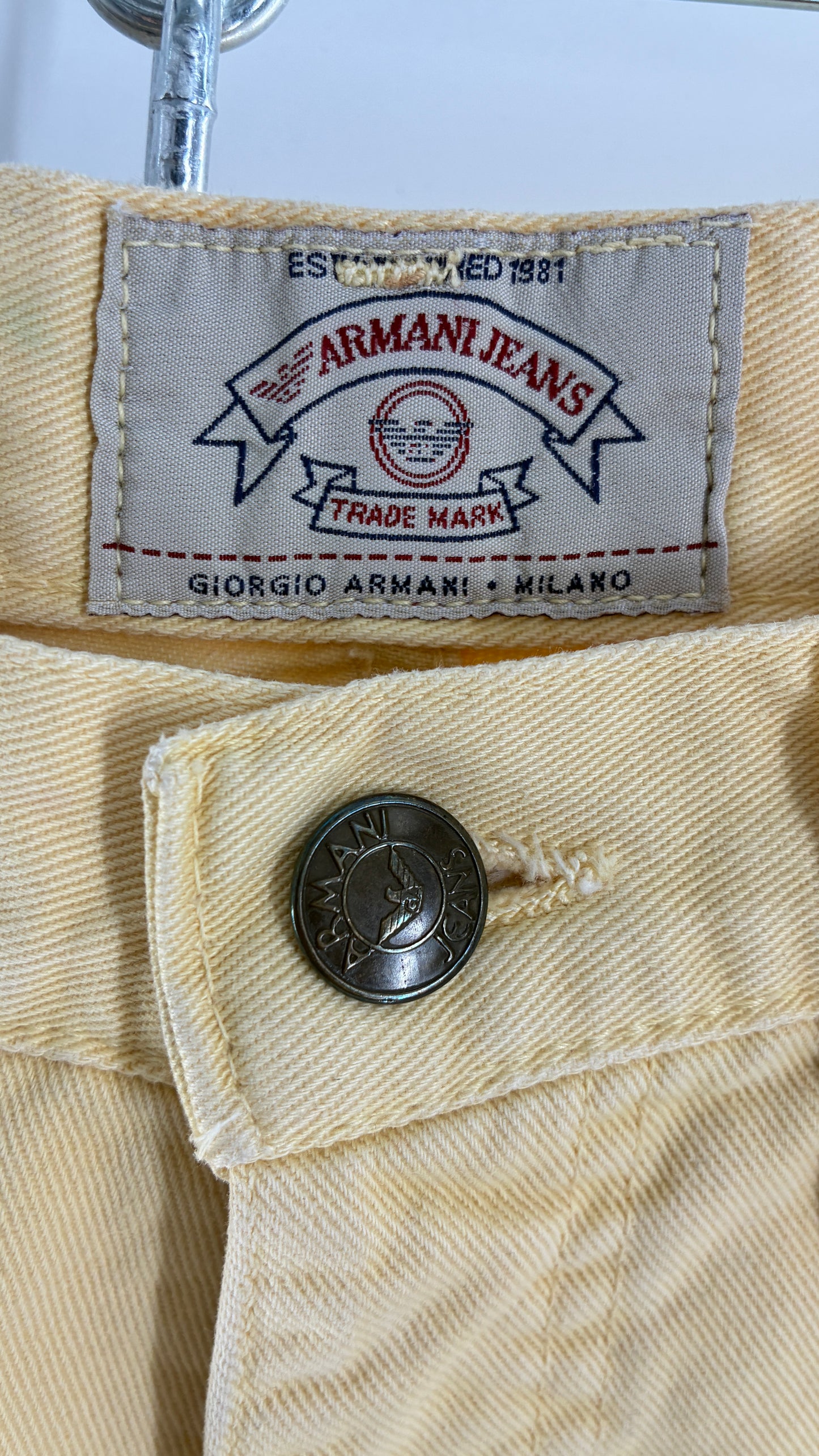 Vintage GIORGIO ARMANI Baby Yellow High Waisted Jeans with 80s Jacron Made in Italy  (29)