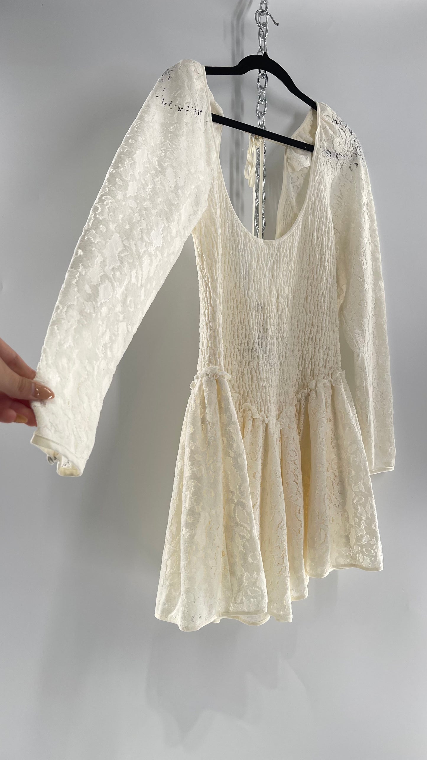 Free People White Velvet Lace Dress with Smocked Bodice and Pointed Waistline (Medium)