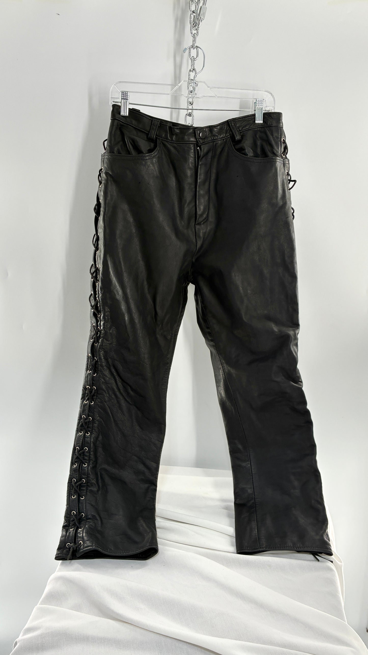 Vintage Thick Ultra Soft Black Leather Pants with Tie Up Sides (Medium)