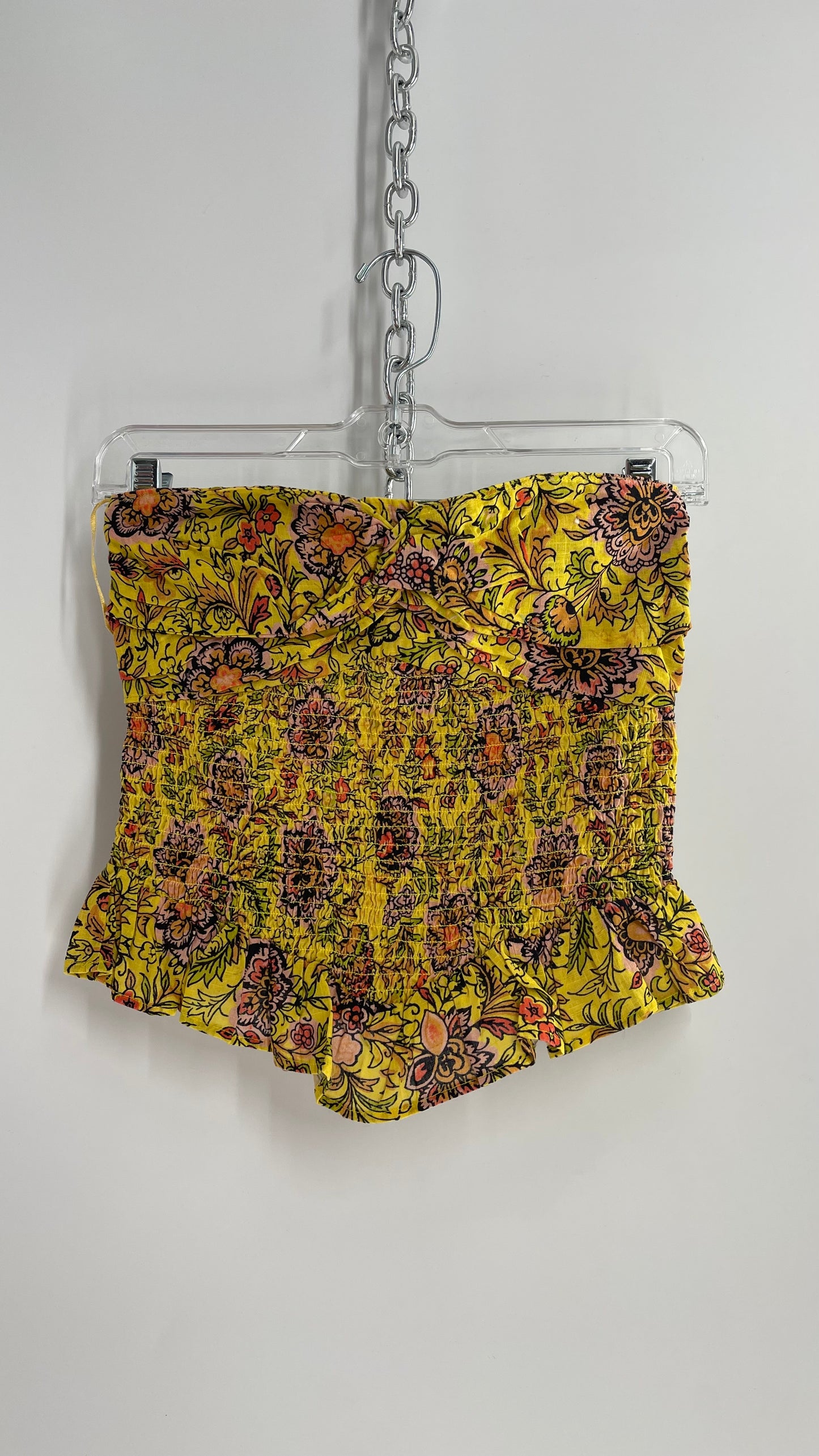 Free People Smocked Ruched Bust Yellow Floral Tube Top  (XS)