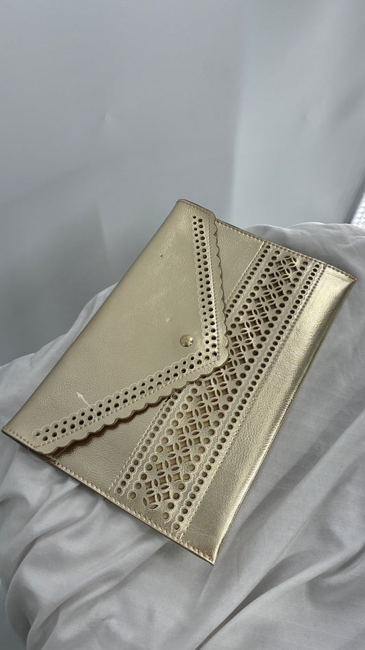 Anthropologie Gold Envelope Eyelet Lace Clutch