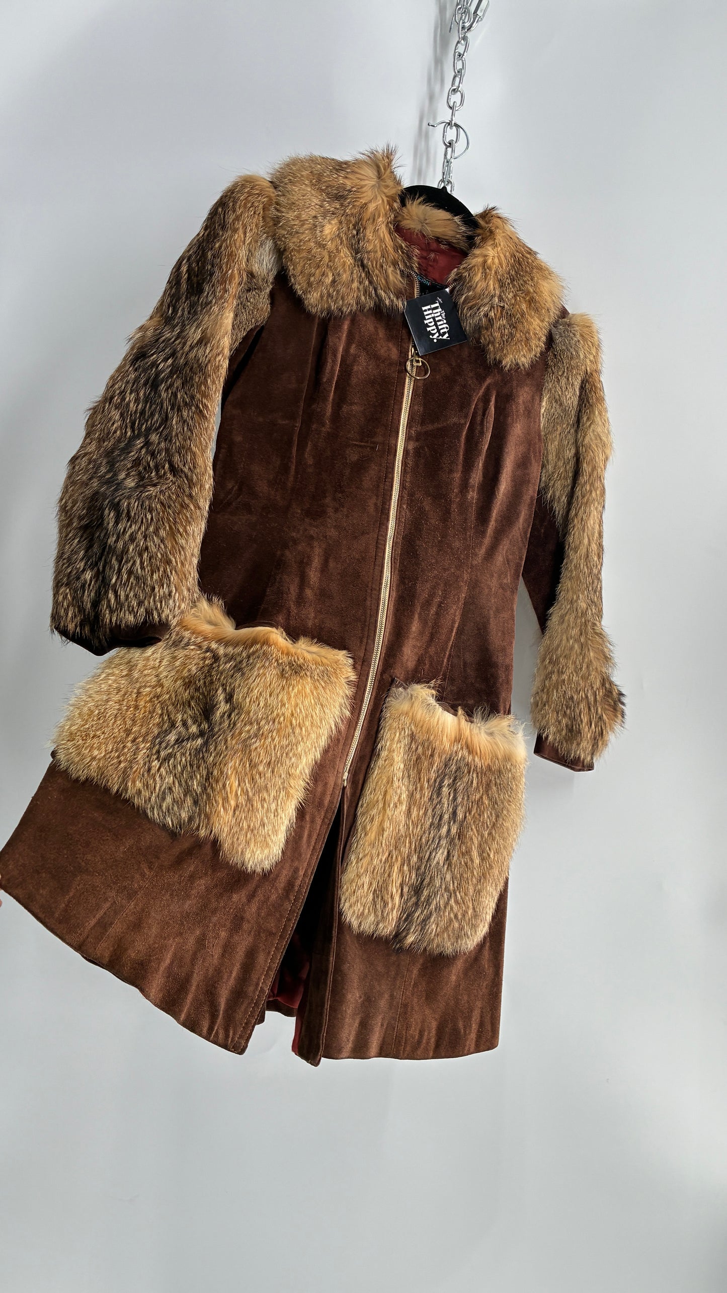 Vintage Cederland 1970s Genuine Suede Leather Coat with Fur Pockets, Sleeves, and Collar (44)
