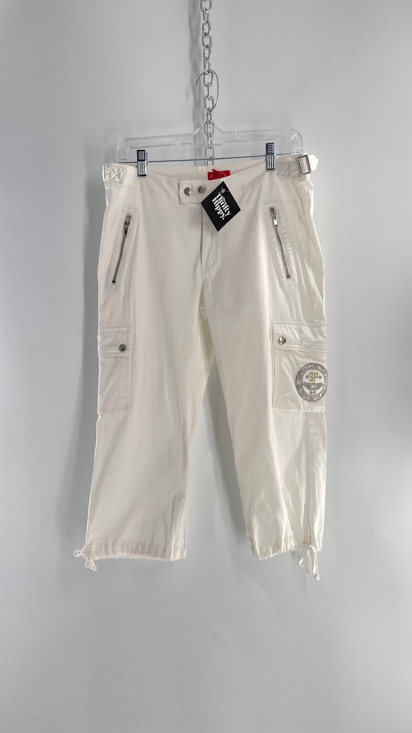 Vintage 1990s South Pole White Capri with Zippers, Silver Hardware, Satin Detailing and Patches (9)