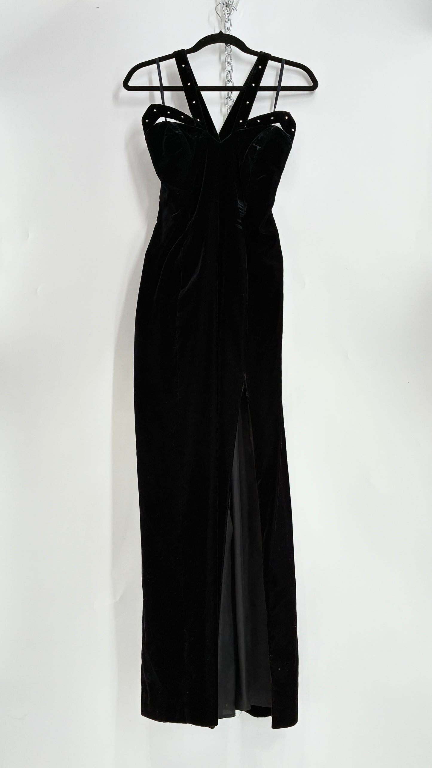 Vintage Handmade Velvet Gown with Pointed Bust Lined in Rhinestones and Dramatic Side Slit (S/M)