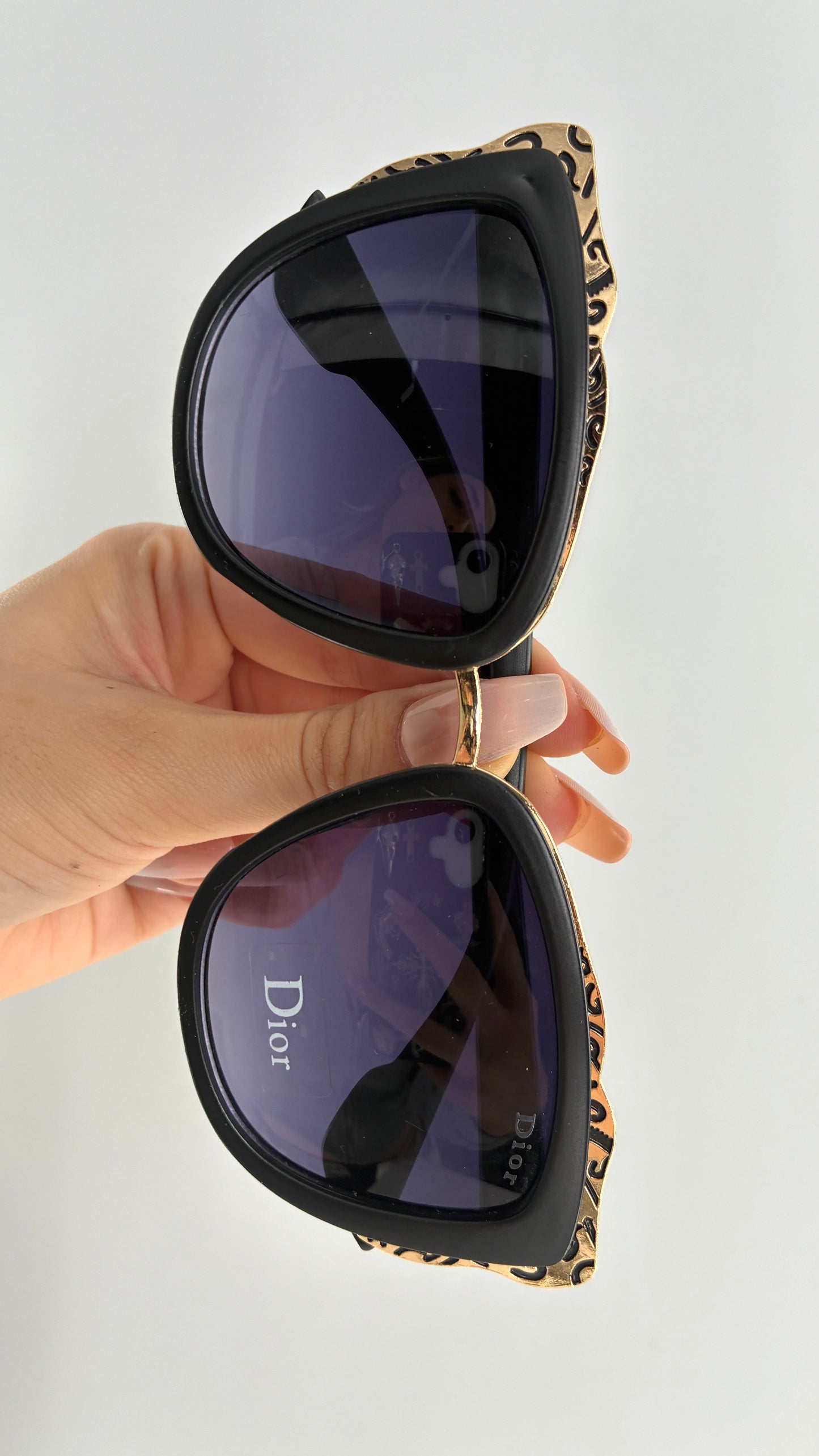 Vintage DIOR Matte Black Sunglasses with Engraved Gold Detailing *Unauthenticated