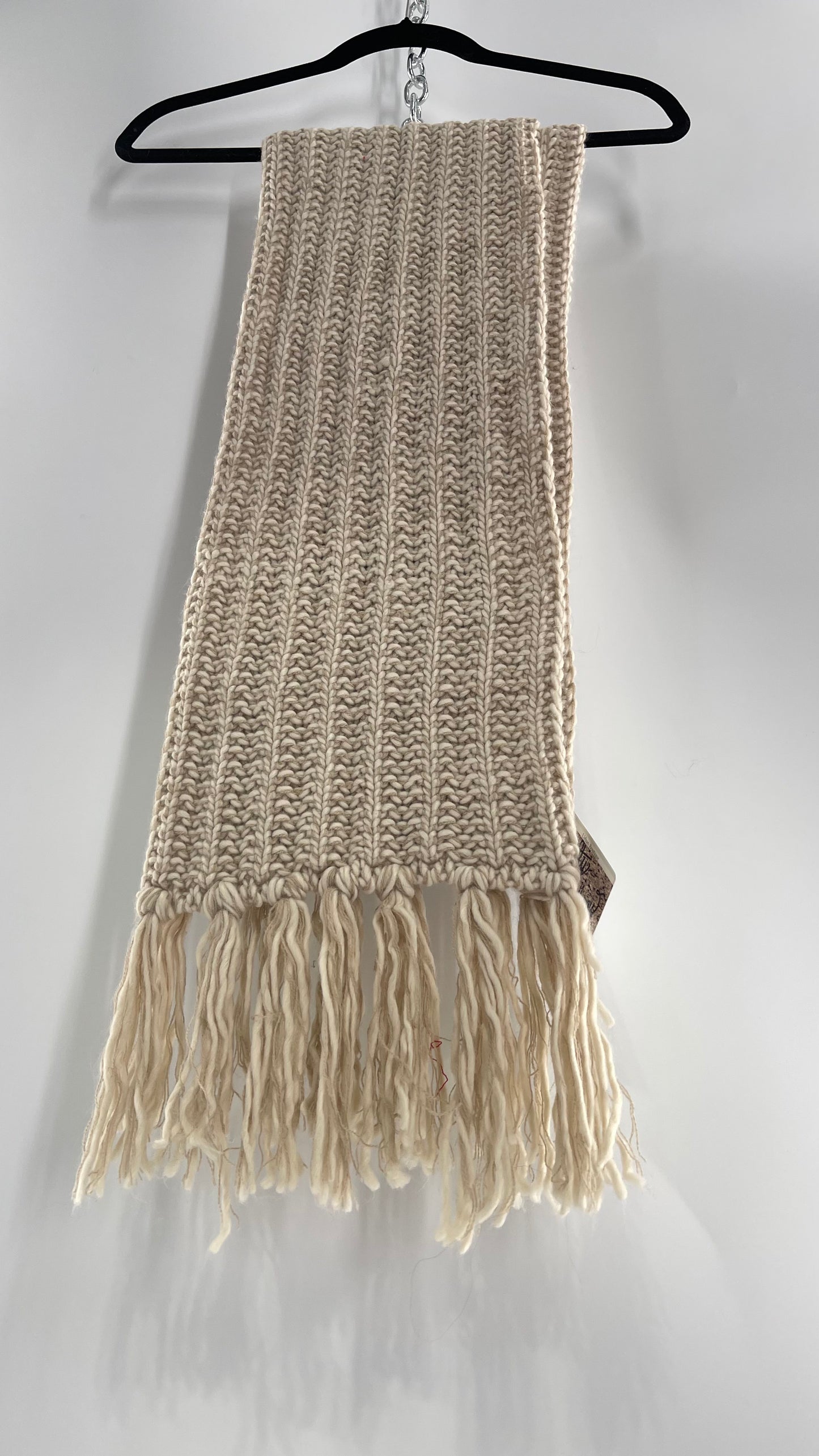 Beige Knit Skinny Scarf Ultra Long with Tassels