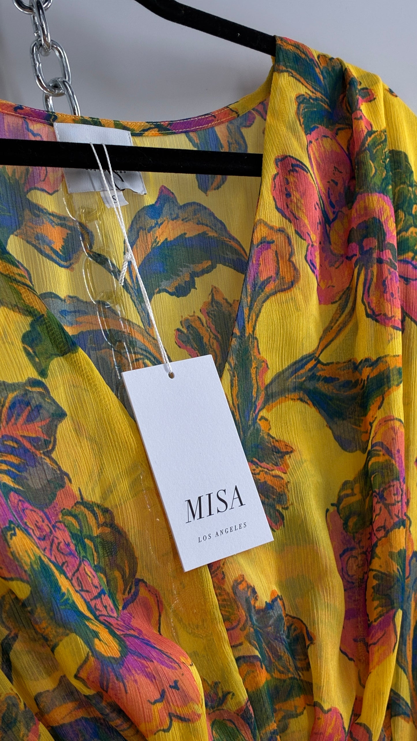 MISA Los Angeles KAIA Yellow Floral Bell Sleeve Long Sleeve Top/Micro Mini Dress with Tags (Small)