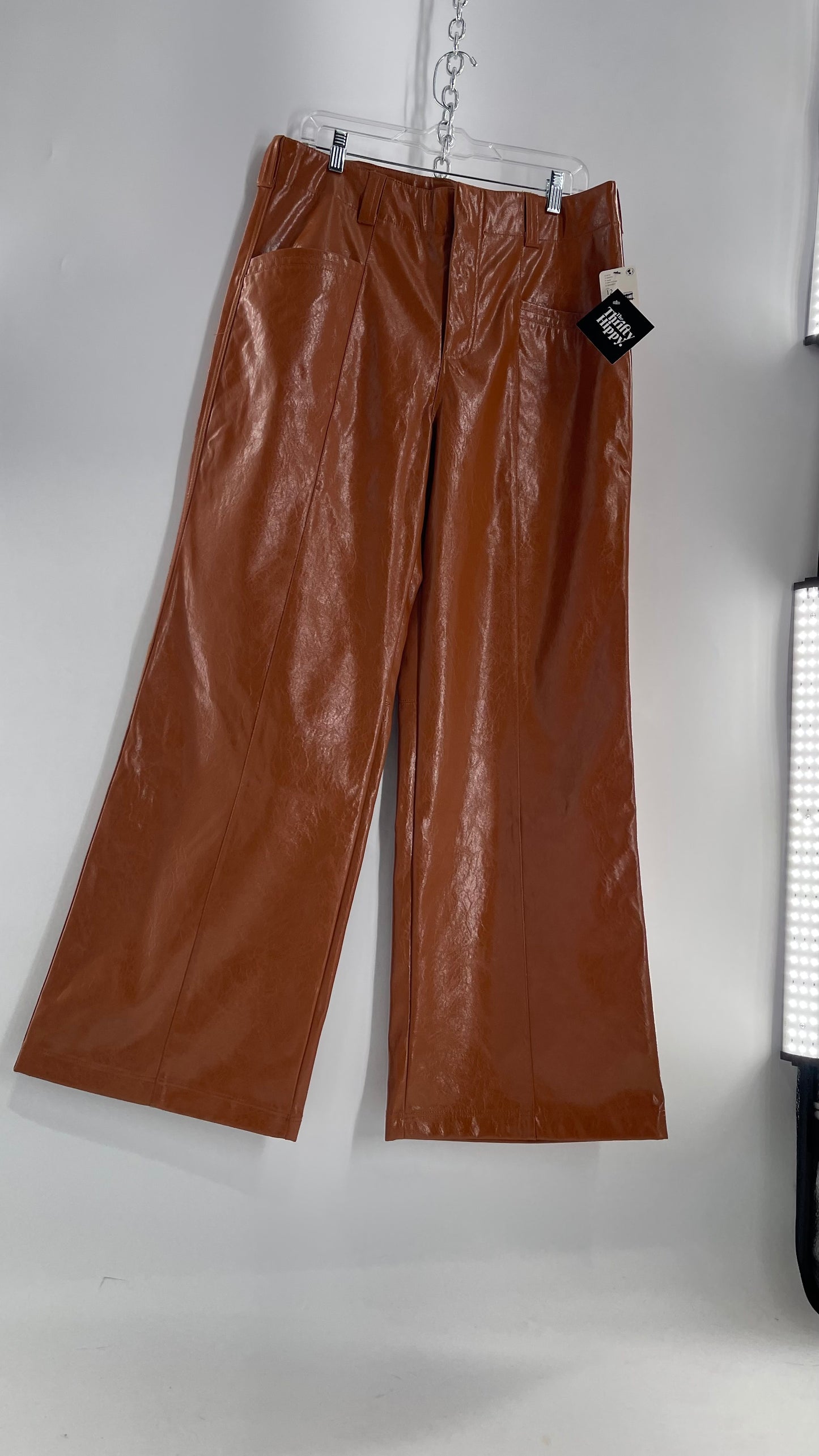 Free People Star Cross Lovers Cognac Brown Vegan Faux Leather  Wide Leg Baggy Trouser(12)