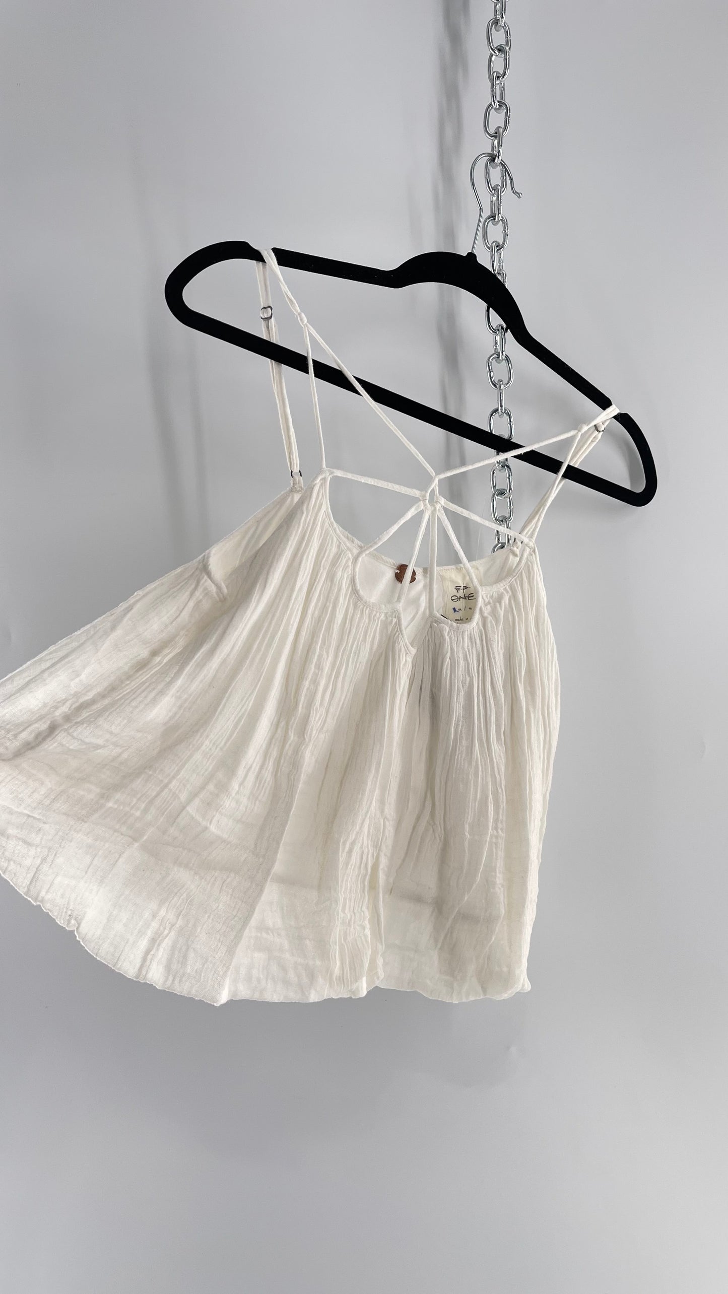 Free People White Cotton Bubble Sleeveless Blouse with Strappy Neckline (M)