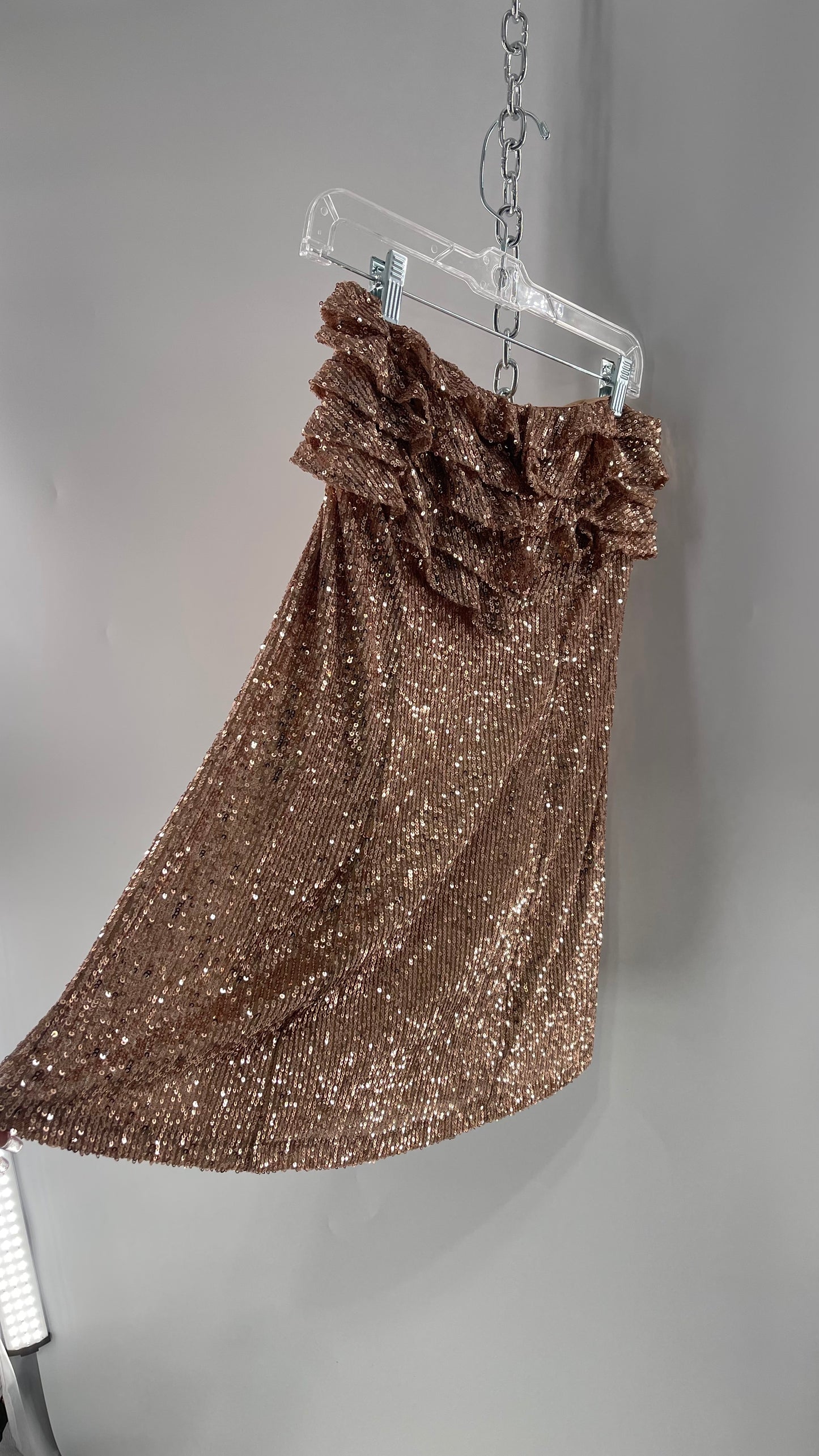 Free People Rose Gold Sequin Mini Dress with Ruffled Bust and Statement Back Zipper (4)