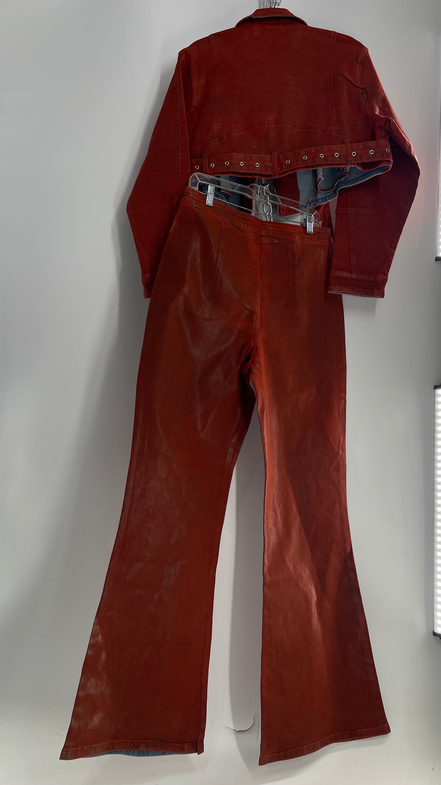 Fashion Nova Red Waxed Denim Cropped Motorcycle Jacket with Flared Jean Set and Tags Attached (XL/15)