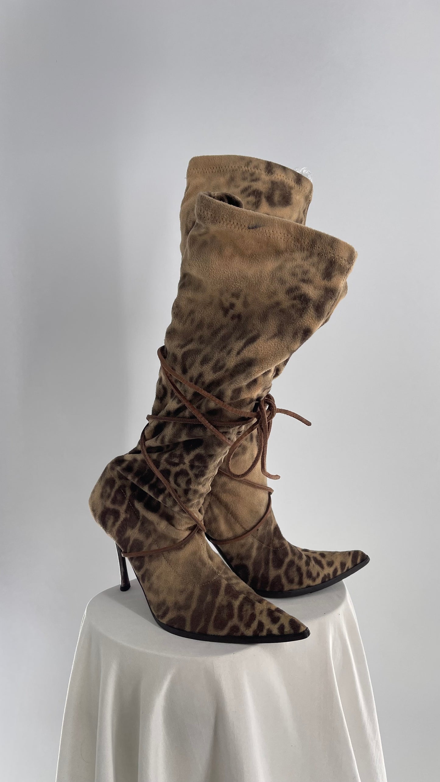 Vintage Alberto Venturini Animal Print Tie Up Pointed Toe Boots (37)