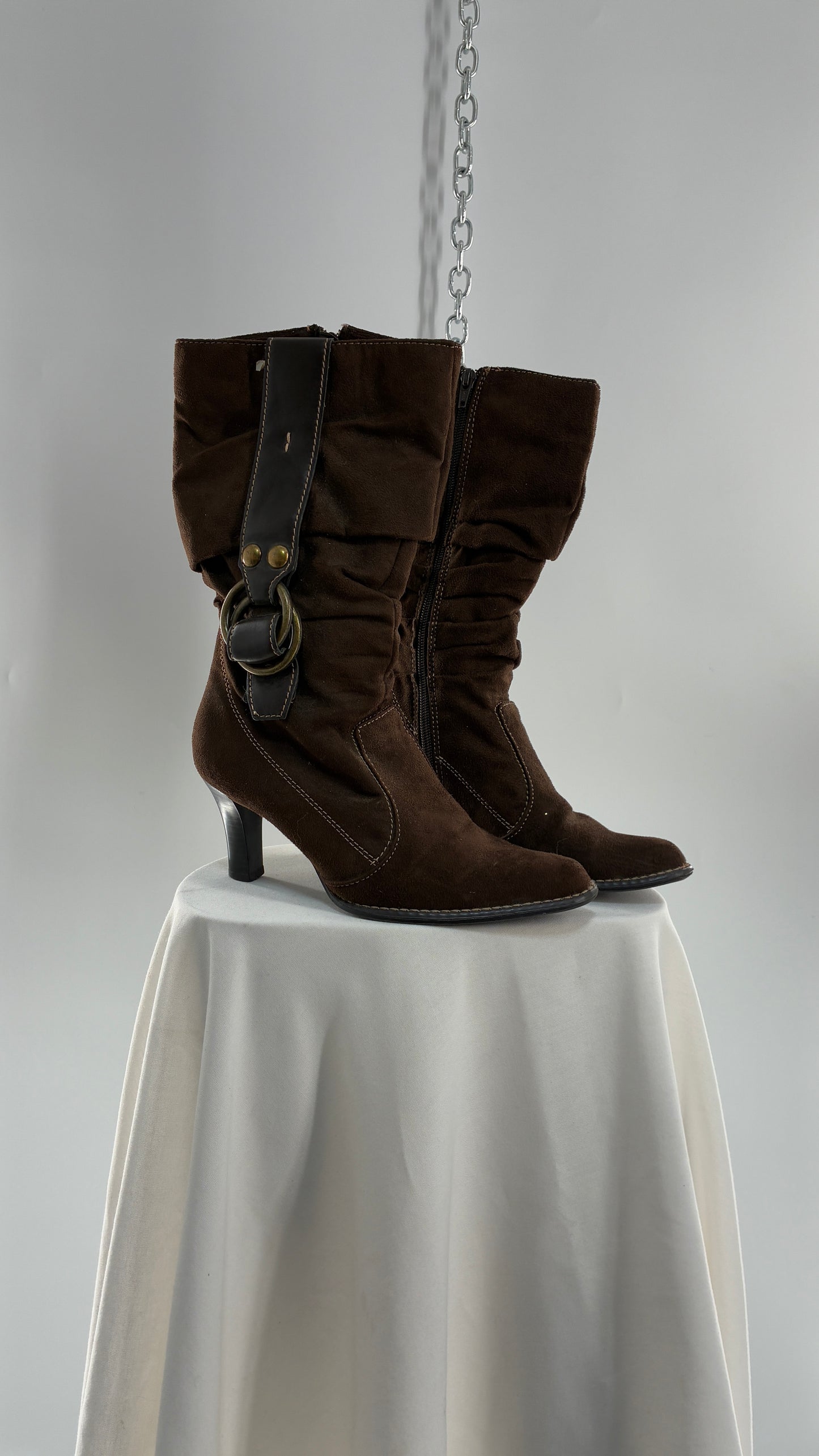 Vintage PREDICTIONS Vegan Suede Brown Stacked Boots with Buckle Detail (6.5)