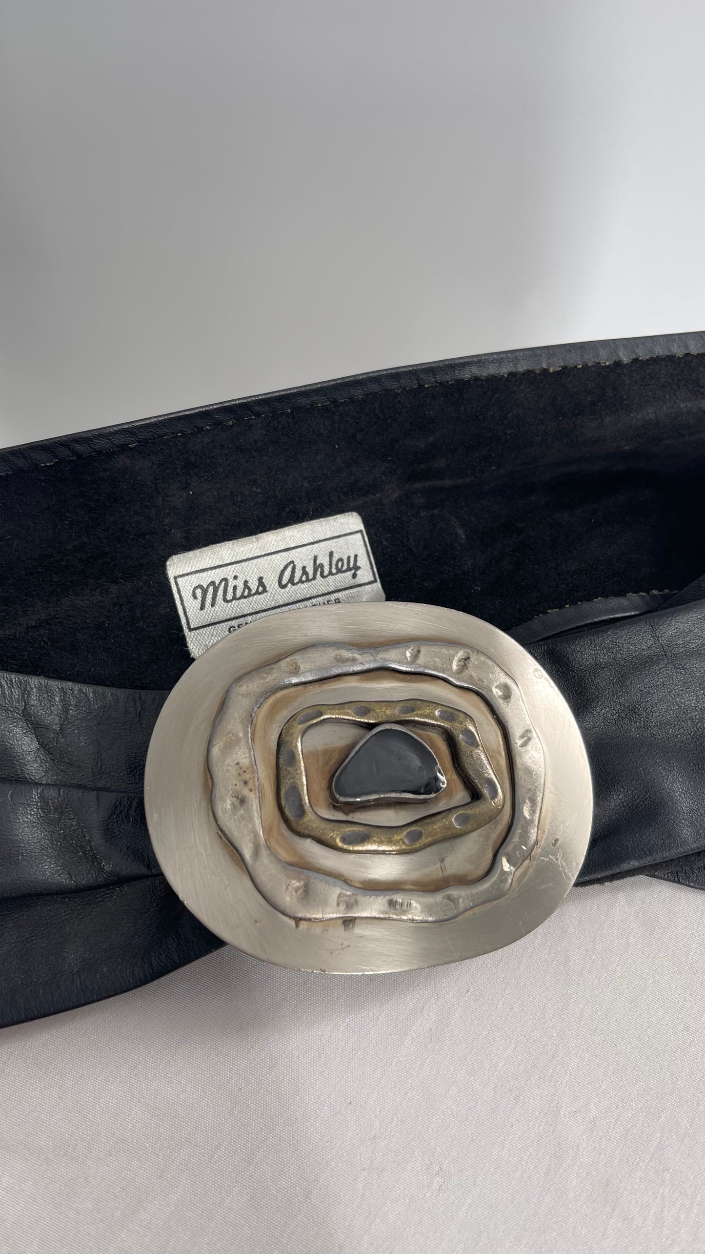 Miss Ashley Black Leather Belt with Silver Medallion Buckle (Small)