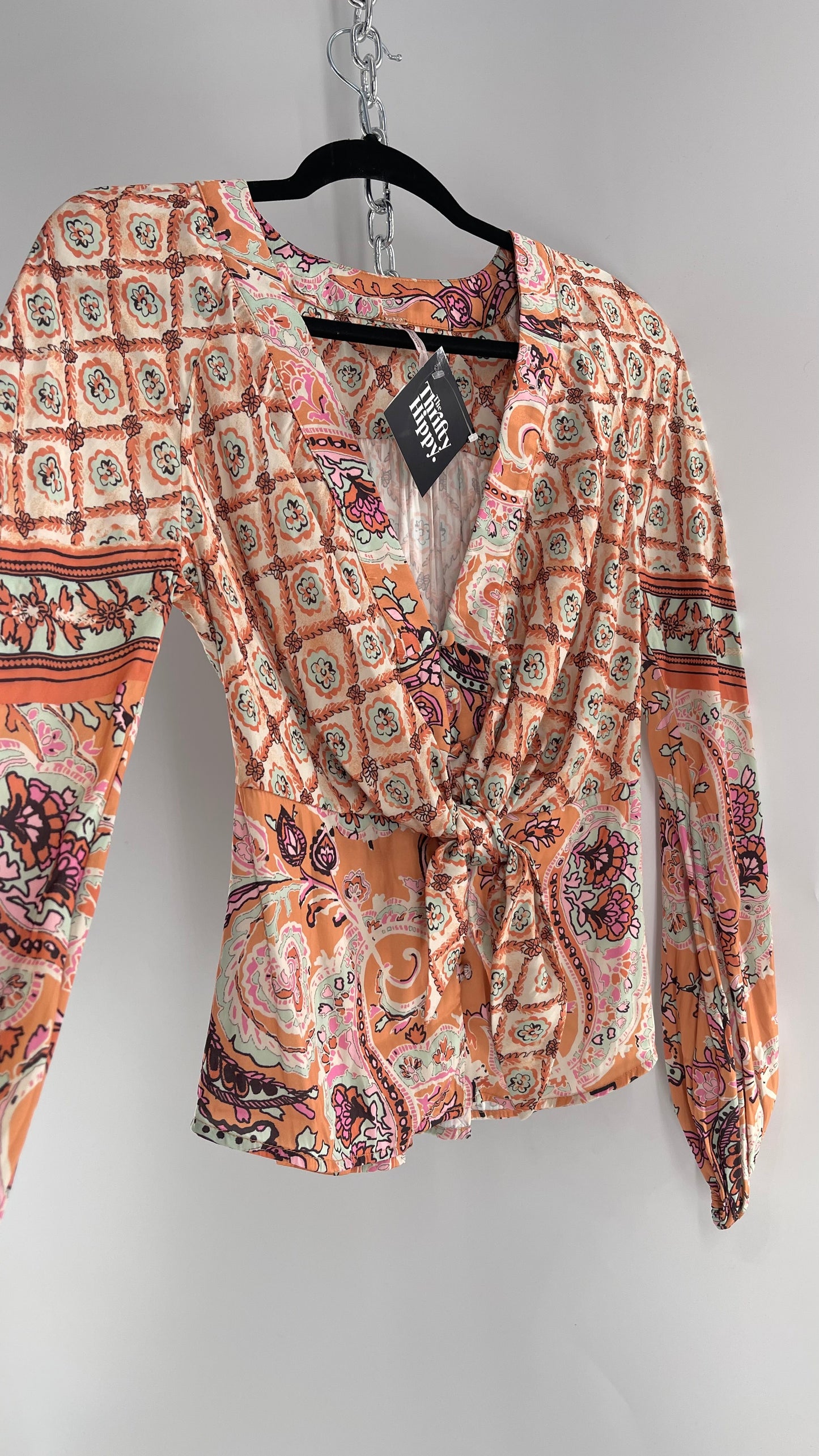 Free People Orange Pastels Paisley Blouse with Bust Tie and Balloon Sleeves (XS)