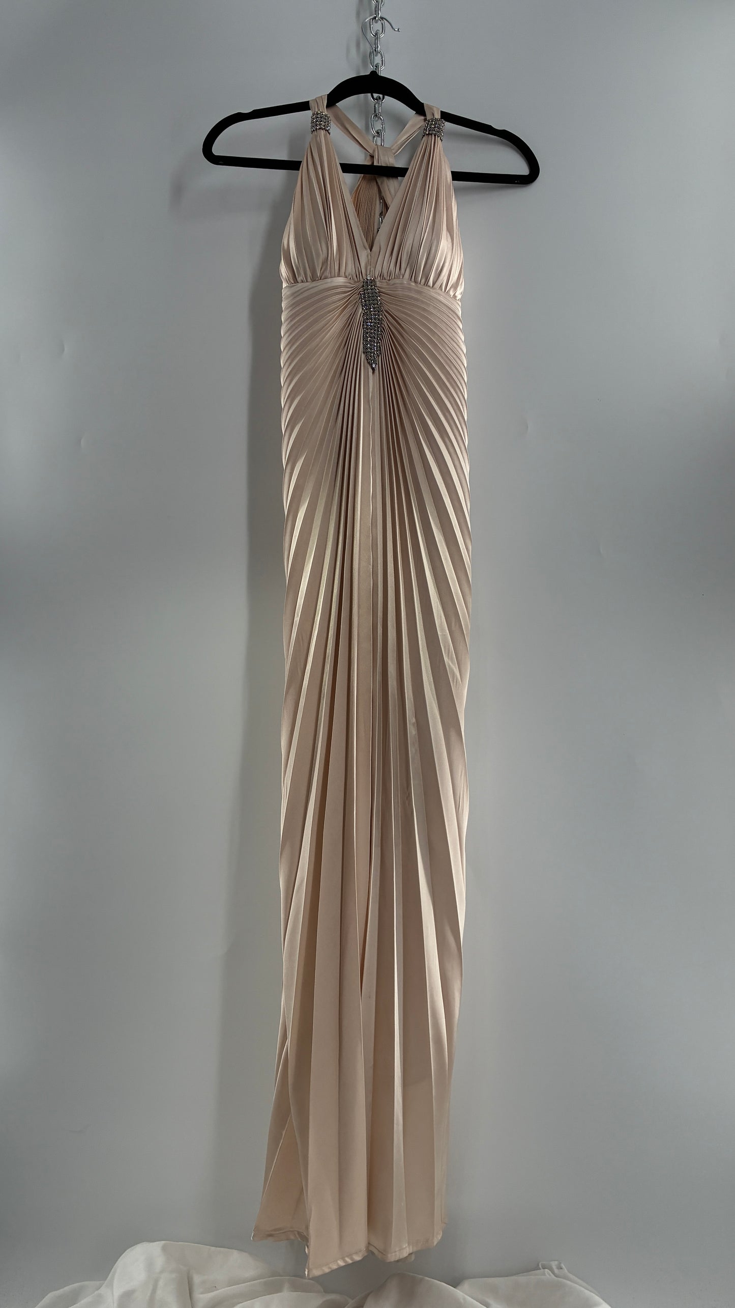 Vintage ISSUE Pleated Champagne Gown with Vented Slit Front, Crystal Bust Appliqué and Strap Cuffs (2)