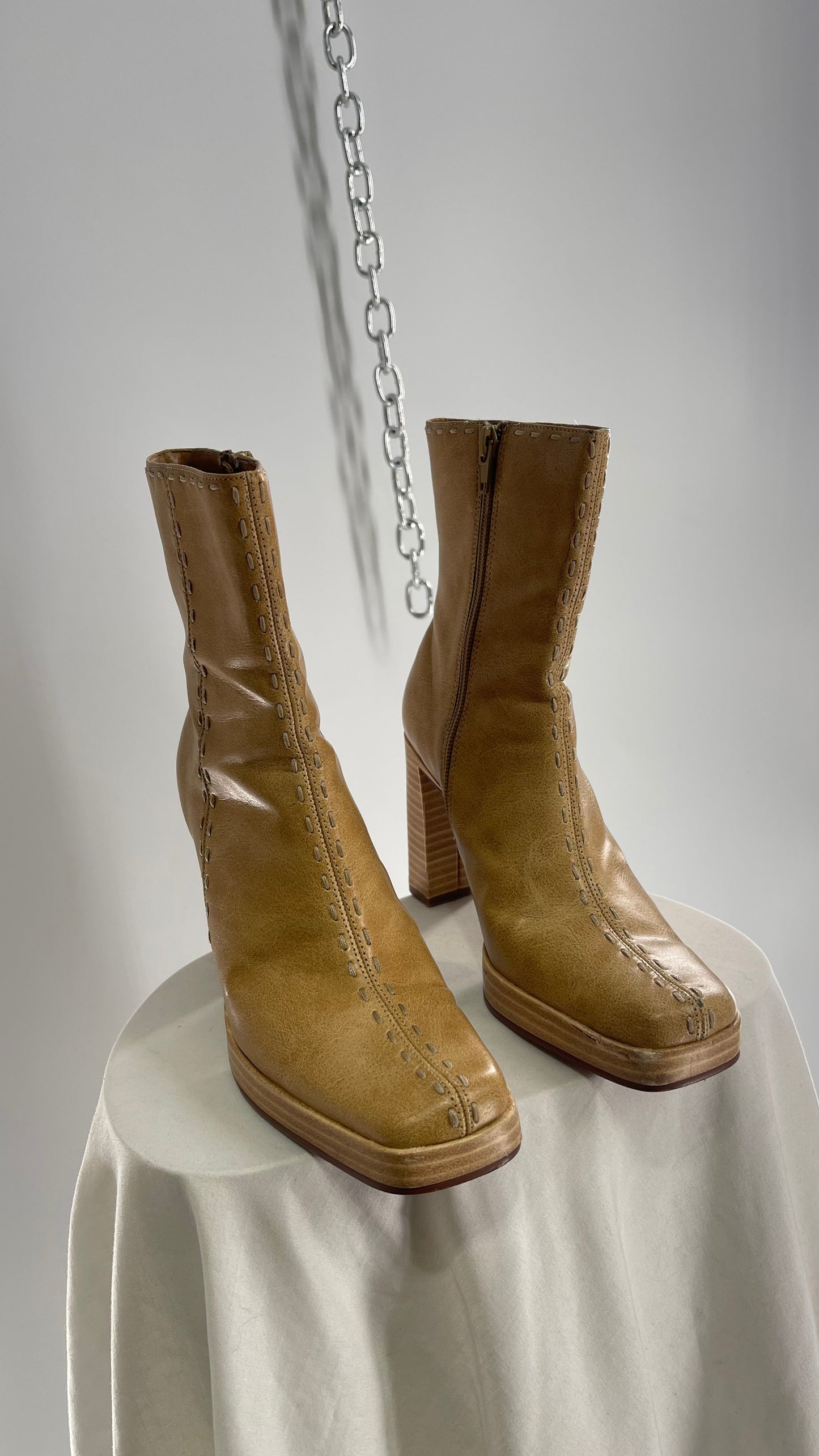 Vintage LEI Tan Square Toe Platform Booties with Stitch Detailing (6.5)