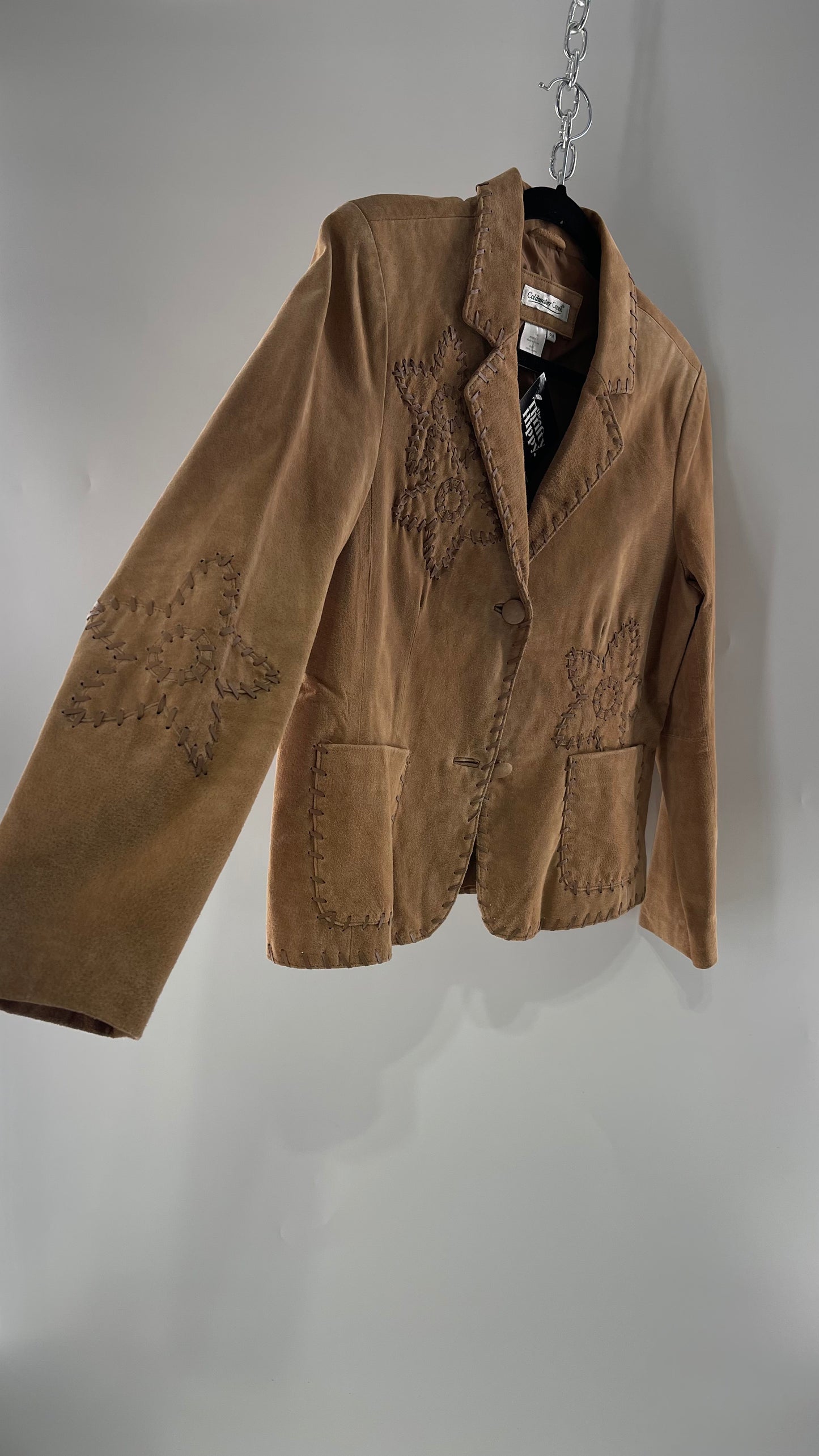 Vintage Rare Light Brown Genuine Suede Blazer with Embroidered Suede Flower and Contrasting Thick Leather Stitching (Medium)