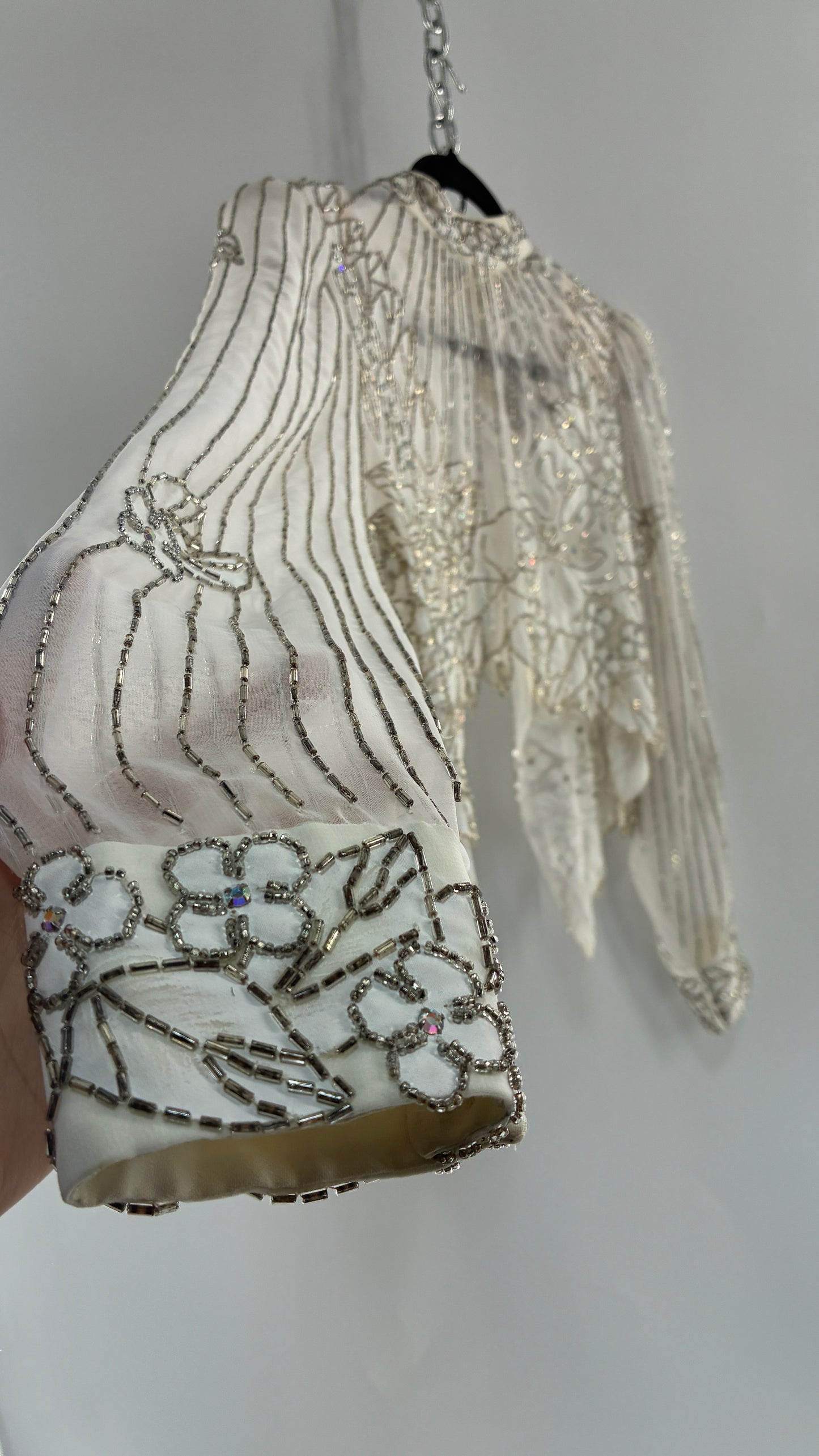 Vintage Sheer White Bridal Beaded Open Back Floral Blouse with High Neck (Medium)