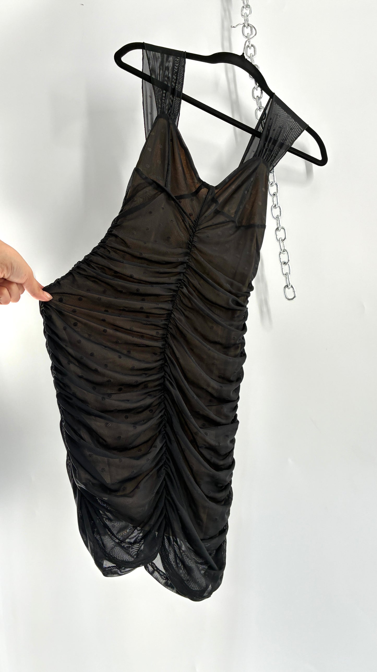 Urban Outfitters Nude Underlay Sheer Black Overlay Polka Dotted and Ruched Bodycon Mini Dress (XS)