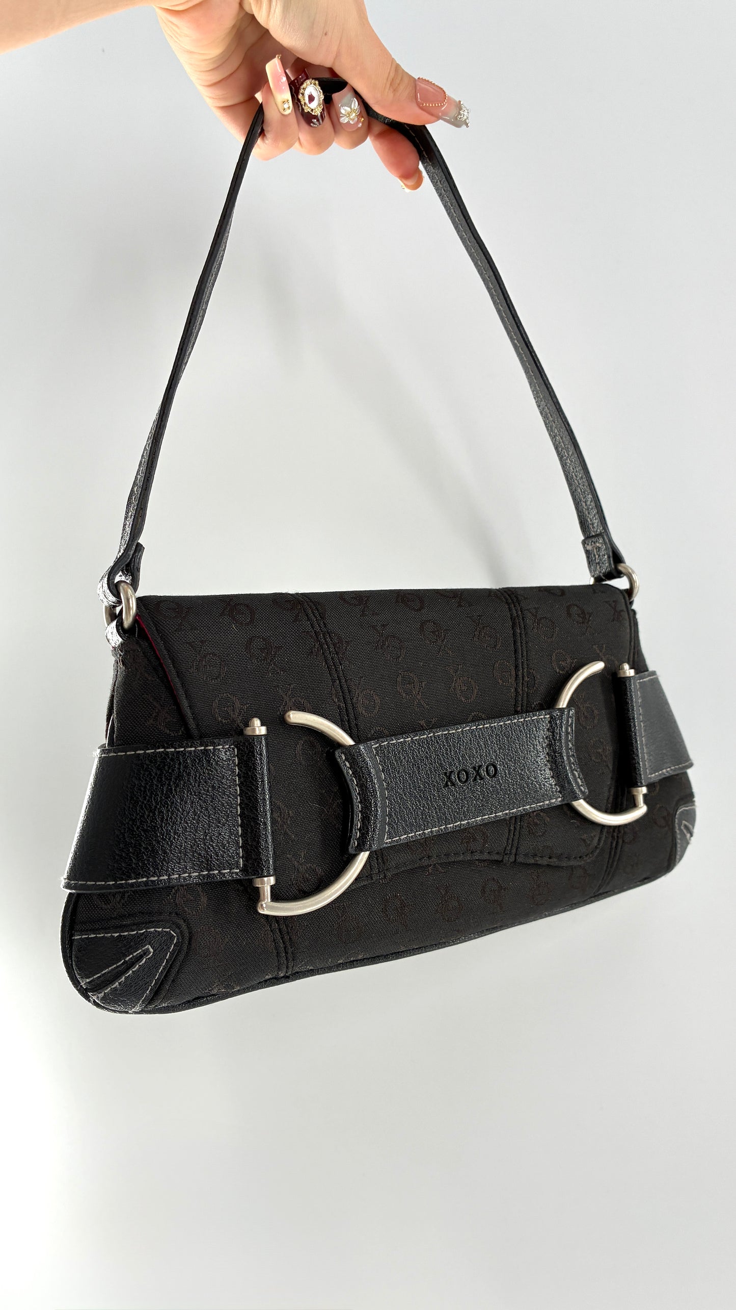 Vintage XOXO Black Mini Shoulder Bag with Monogram Print