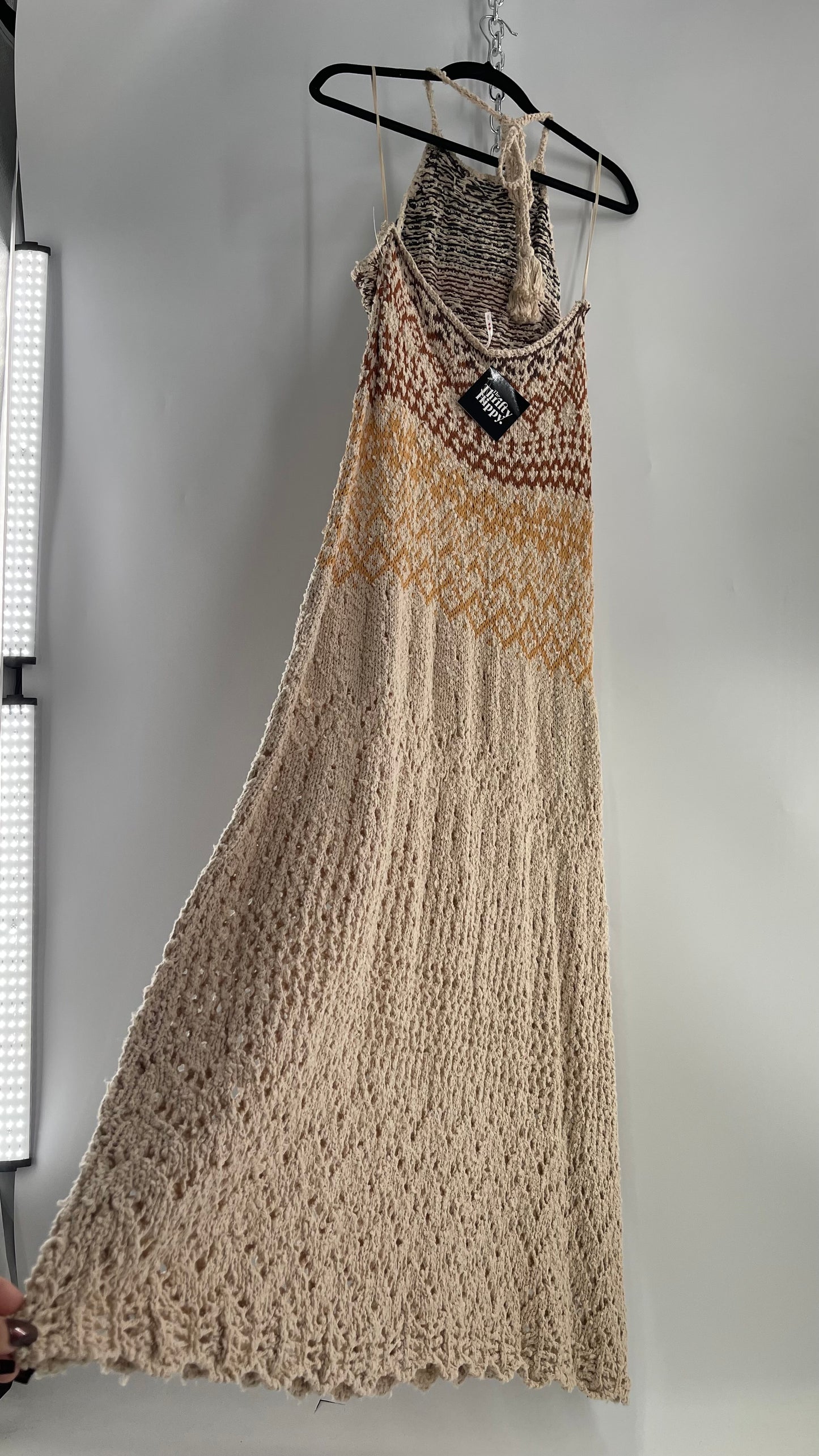 Free People Beige Ikat Oasis Knit Halter Maxi Dress (Small)