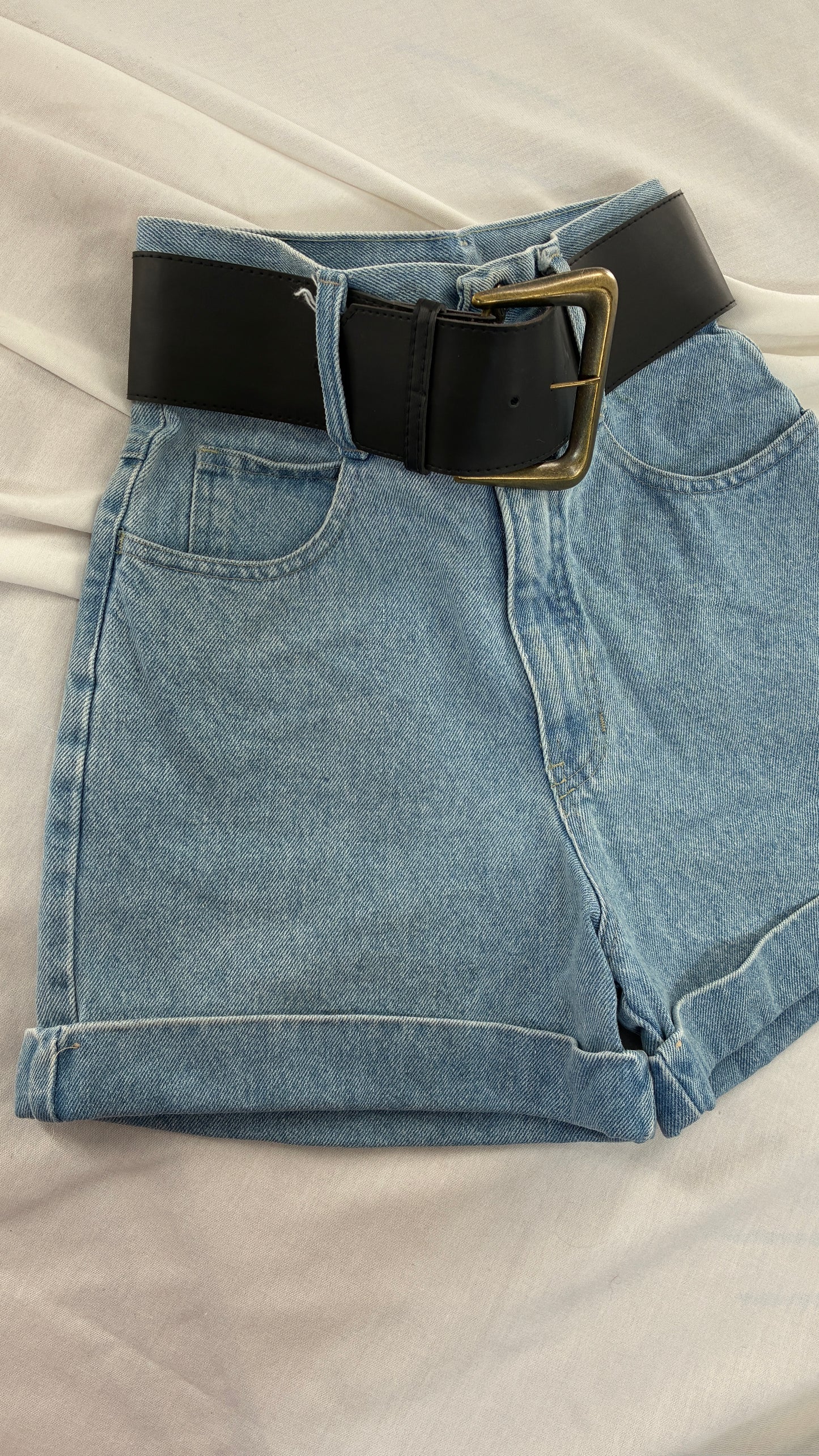 Vintage 1990s EXPRESS Ultra High Waisted Jean Shorts with Wide Waist Belt (1/2)