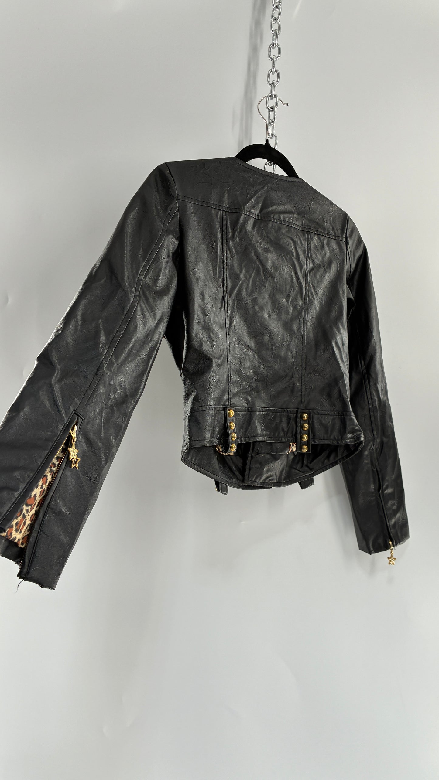 Vintage Black Vegan Leather Jacket with Oversized Lapel, Belt Loops and Pockets Covered in Heavy Duty Gold Studs (Small)