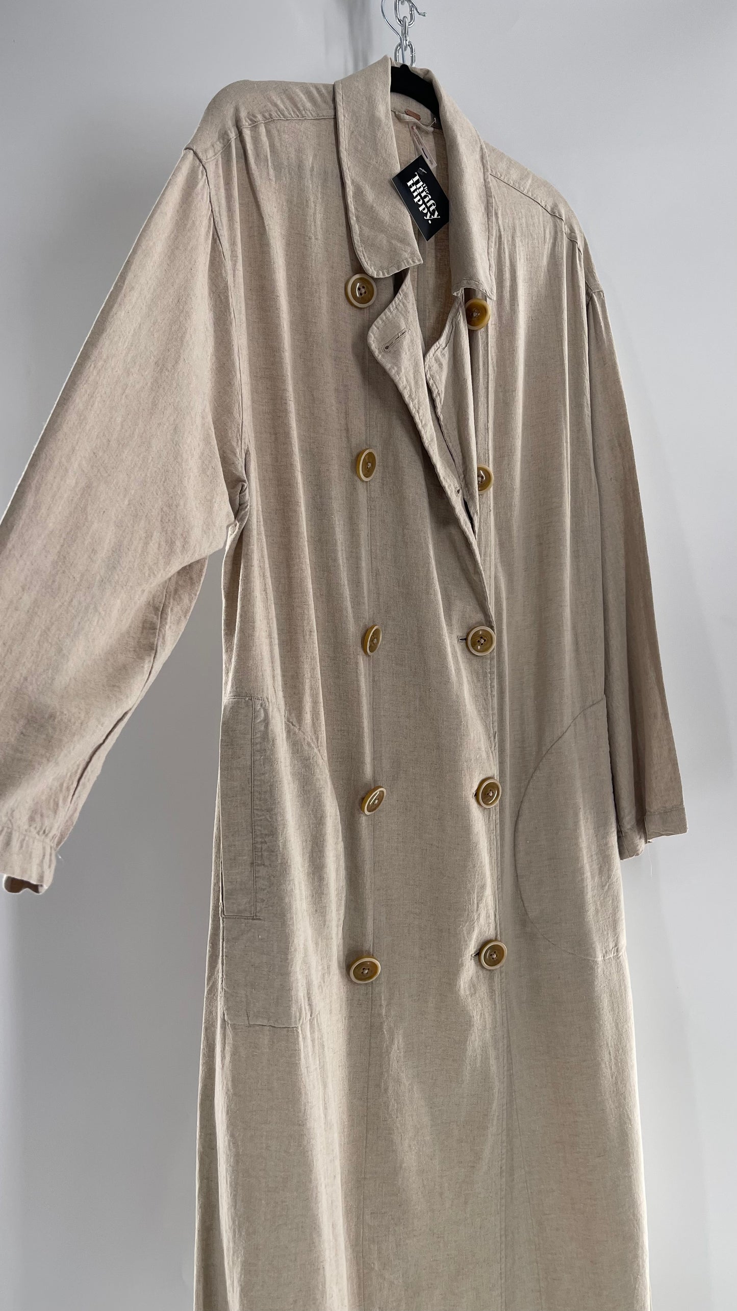 Free People Double Breasted Beige Linen Trench Coat with Brown Buttons and Tags Attached