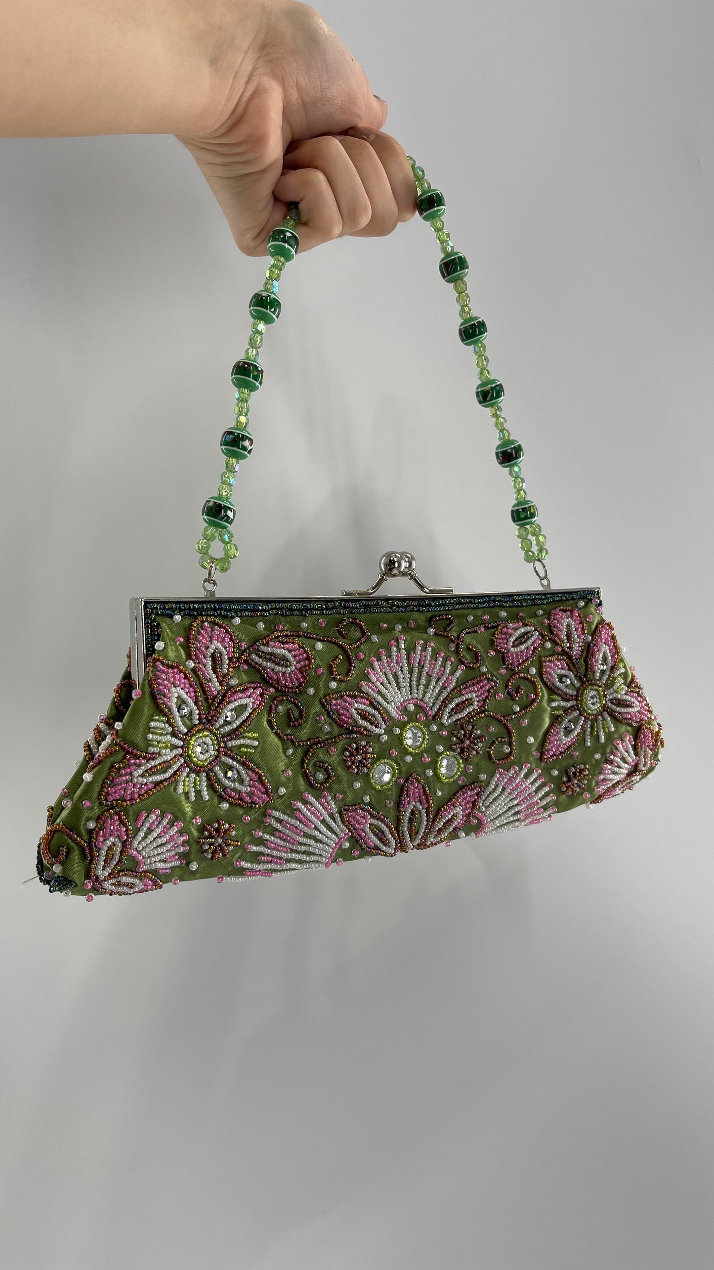 Vintage 1990s Fashion Express Beaded Green/Pink Purse