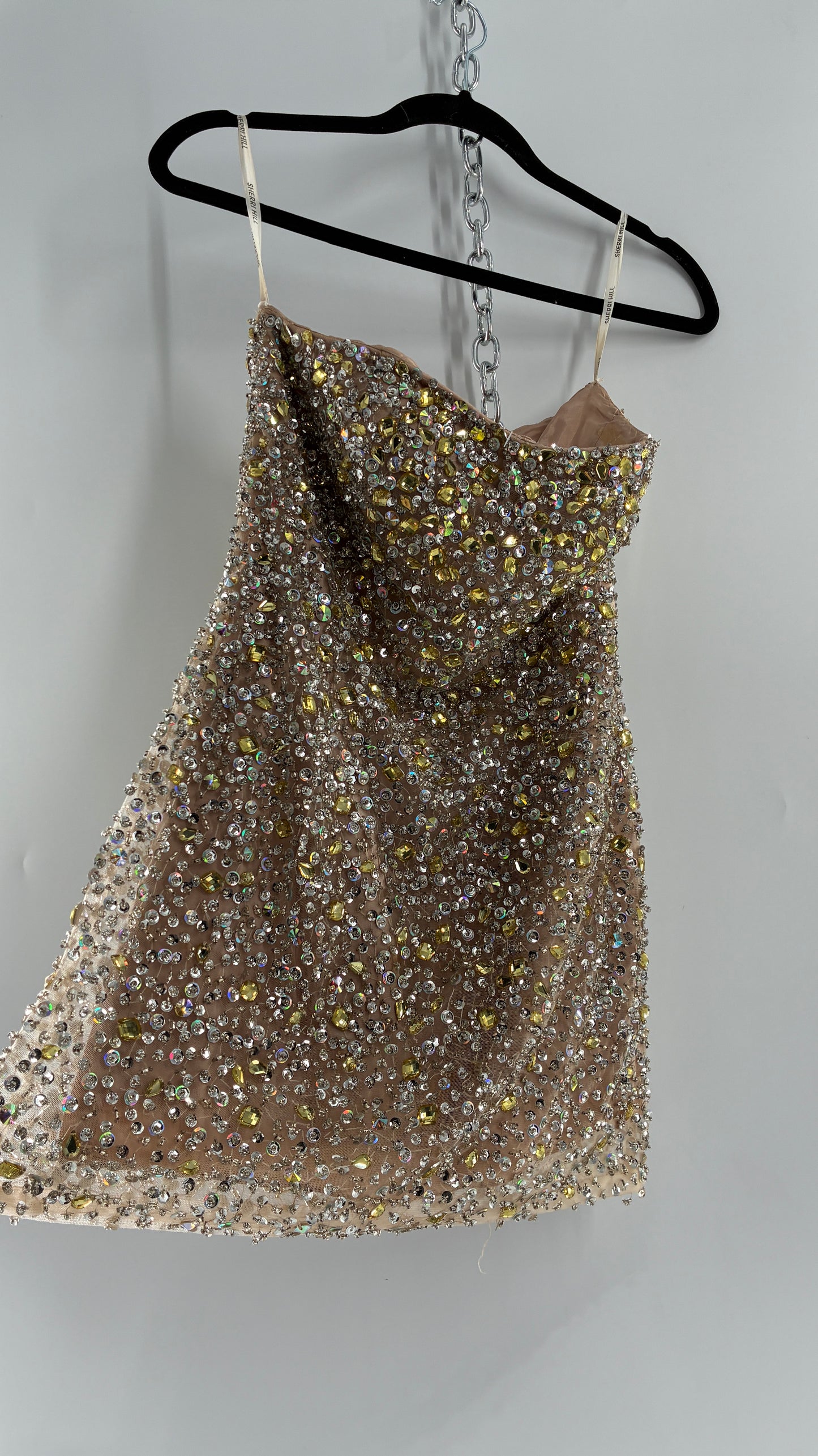 Vintage SHERRI HILL Nude Tan Underlay Mini Dress, Full Bedazzled and Covered in Beads  (6)