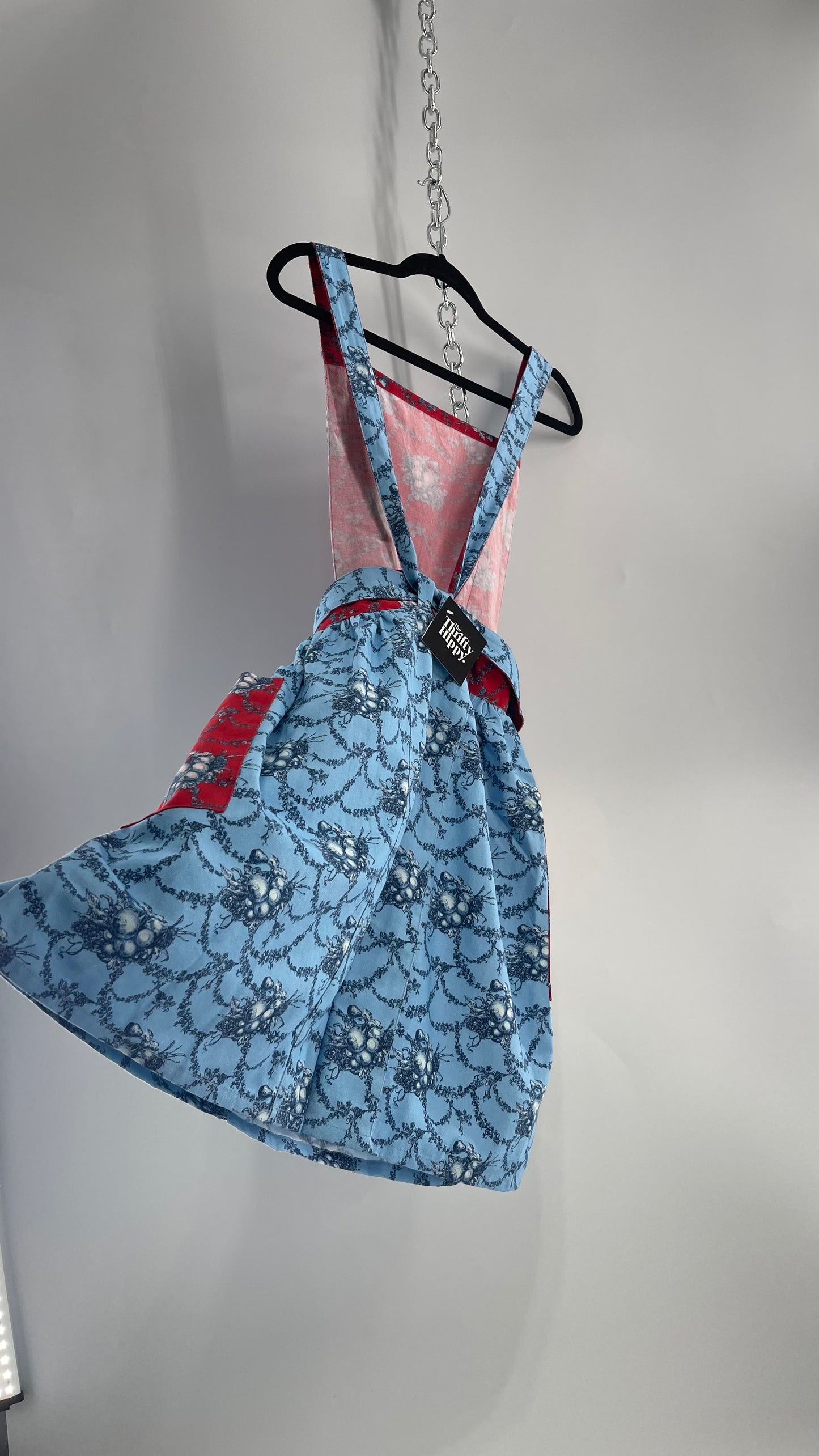 Vintage Apron Red and Baby Blue Floral/Citrus Patterned Mini Dress with Tie Around Bow (S\M)