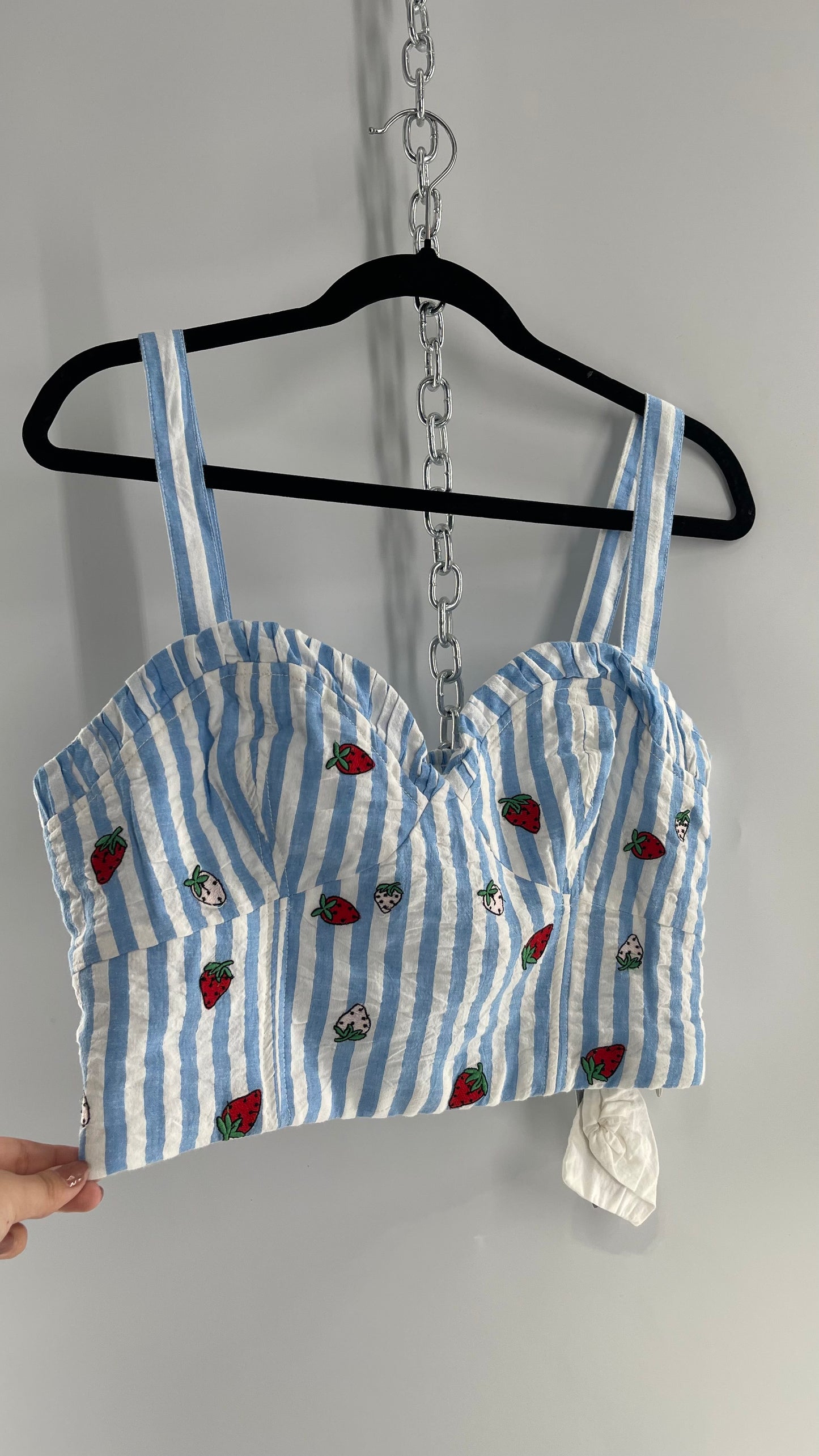 Maeve Anthropologie Baby Blue White Striped Corset Like Crop with Embroidered Strawberries with Tags Attached (12)