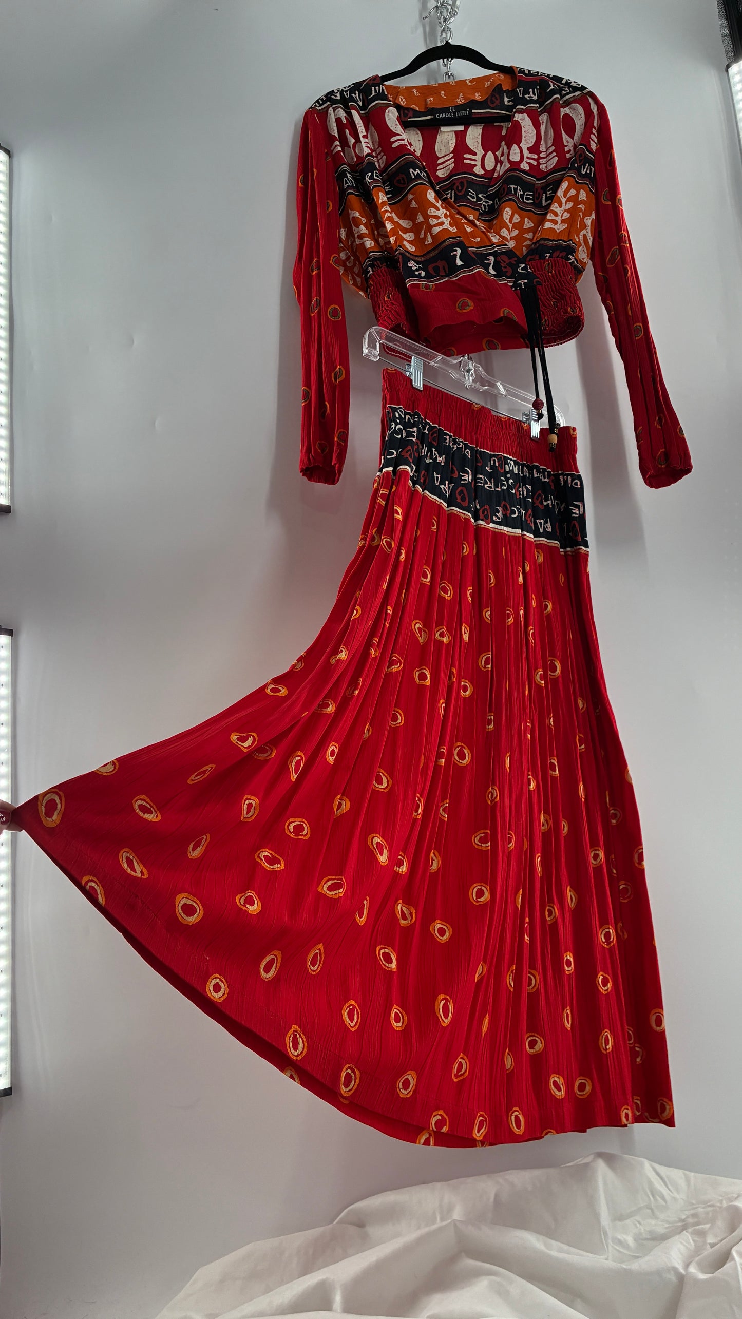 Vintage CAROLE LITTLE Red 3pc Set, Cropped Blouse, Haram Pant and Skirt (Pants 4, Skirt 10, Top S)