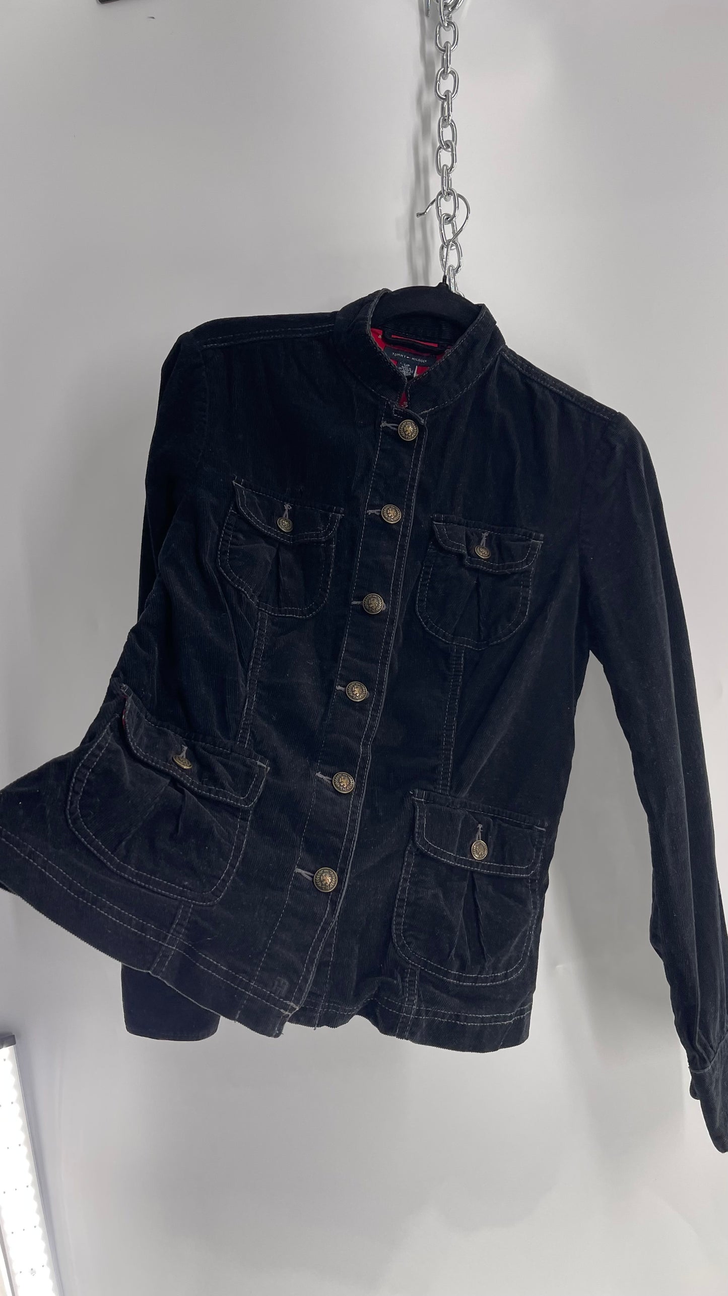 Tommy Hilfiger Black Corduroy Jacket with Pleated Pocket Details (Small)