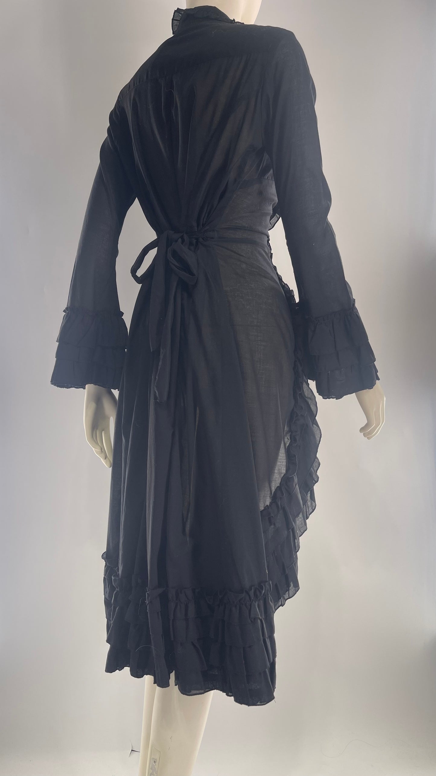 Vintage Cordelia Cotton Black Ruffled Duster Coat with Ruffled Lapel and Cuffs (XS)